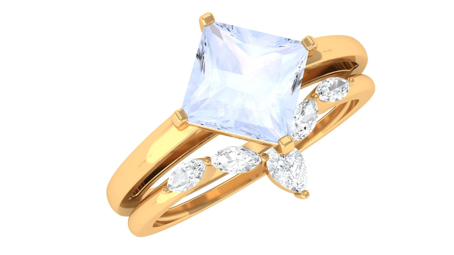 Princess Cut Moonstone and Diamond Solitaire Ring Set