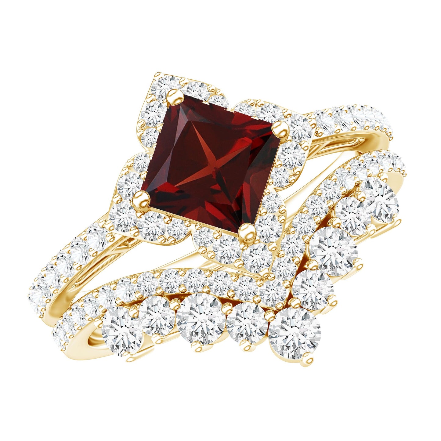Princess Cut Garnet Designer Wedding Ring Set with Moissanite