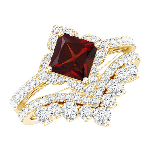 Princess Cut Garnet Designer Wedding Ring Set with Moissanite