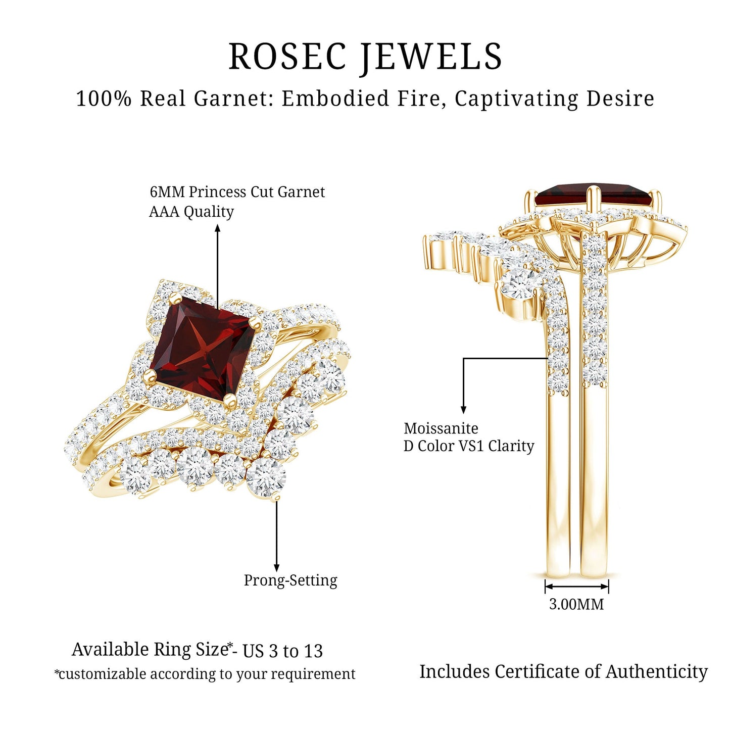 Princess Cut Garnet Designer Wedding Ring Set with Moissanite
