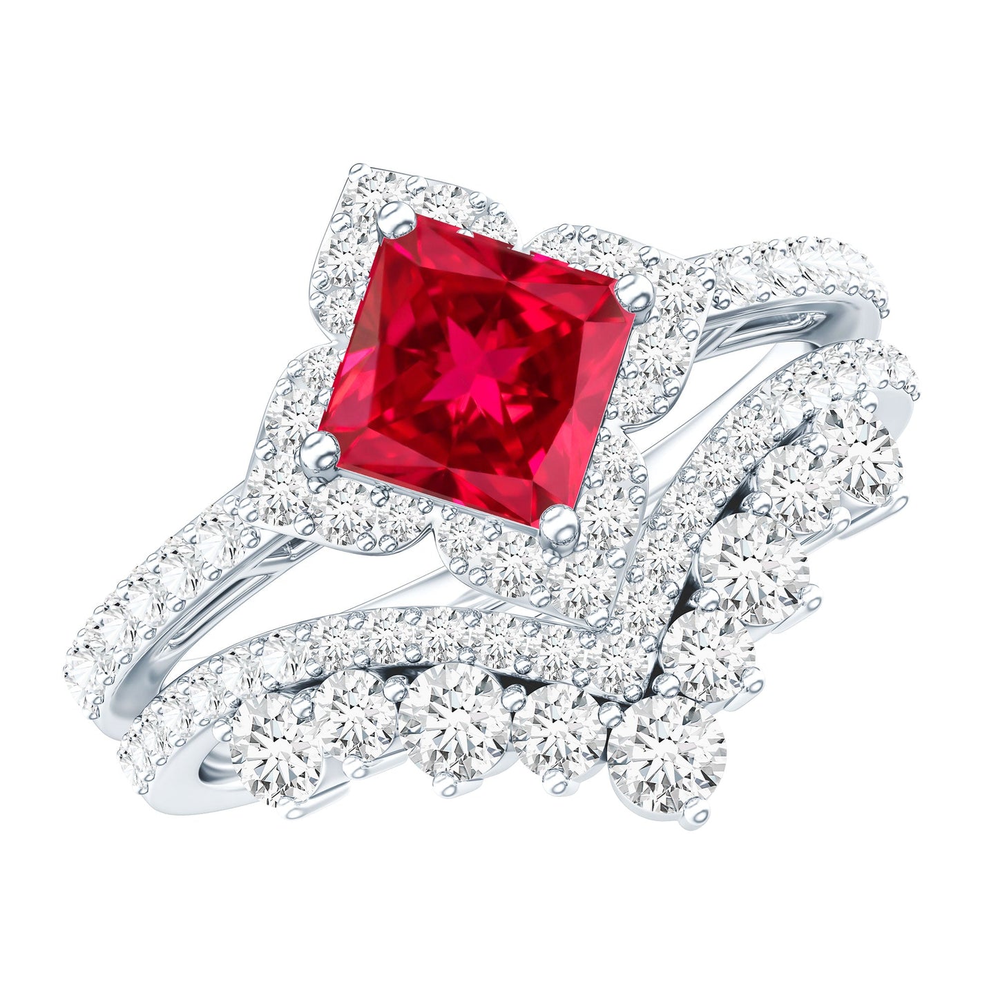 1.5 Carat Designer Created Ruby and Moissanite Wedding Ring Set