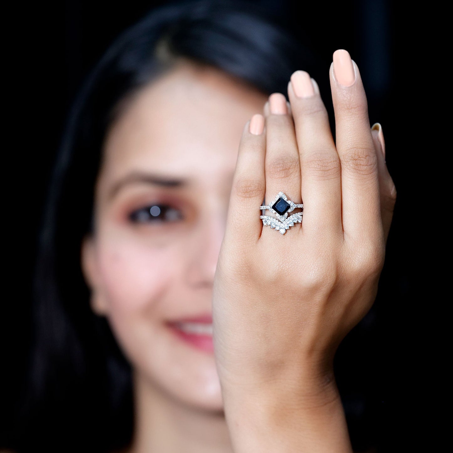 0.5 Carat Black Onyx and Moissanite Statement Wedding Ring Set