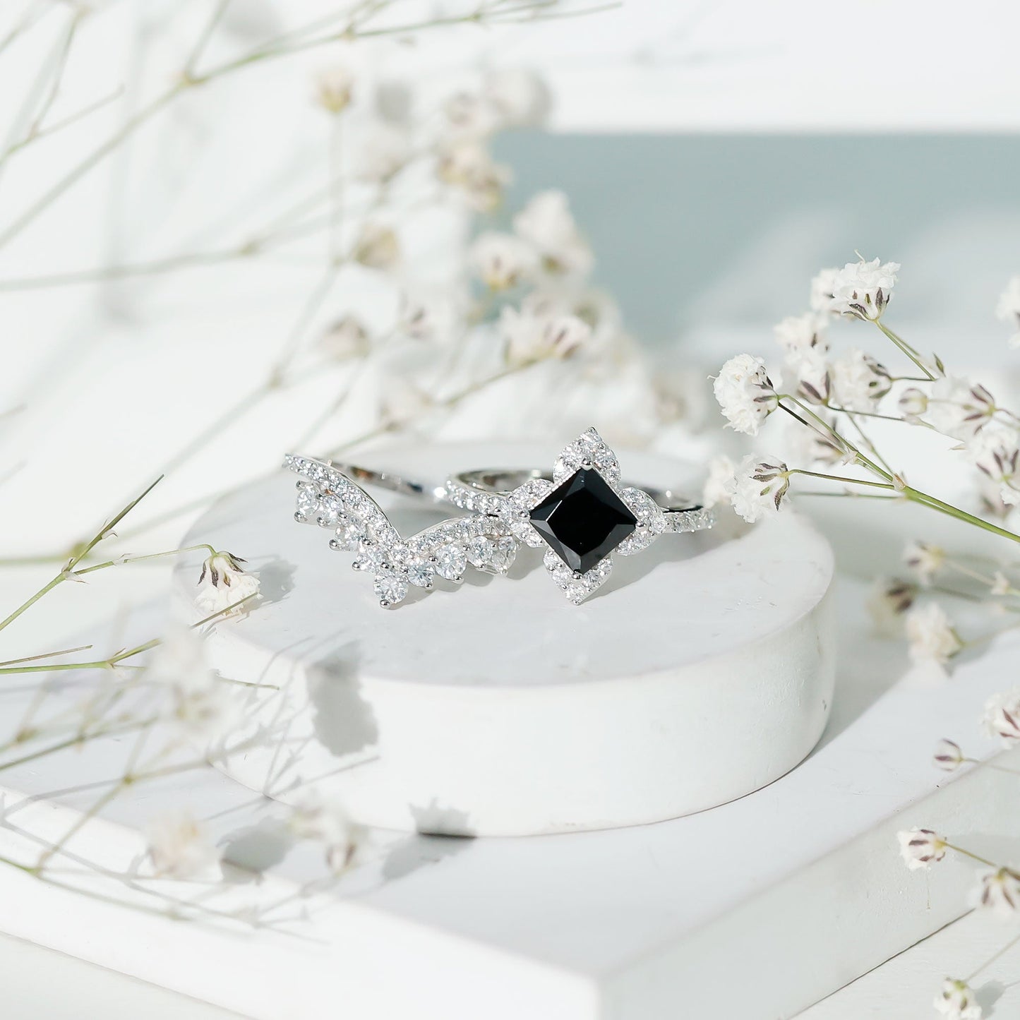 0.5 Carat Black Onyx and Moissanite Statement Wedding Ring Set