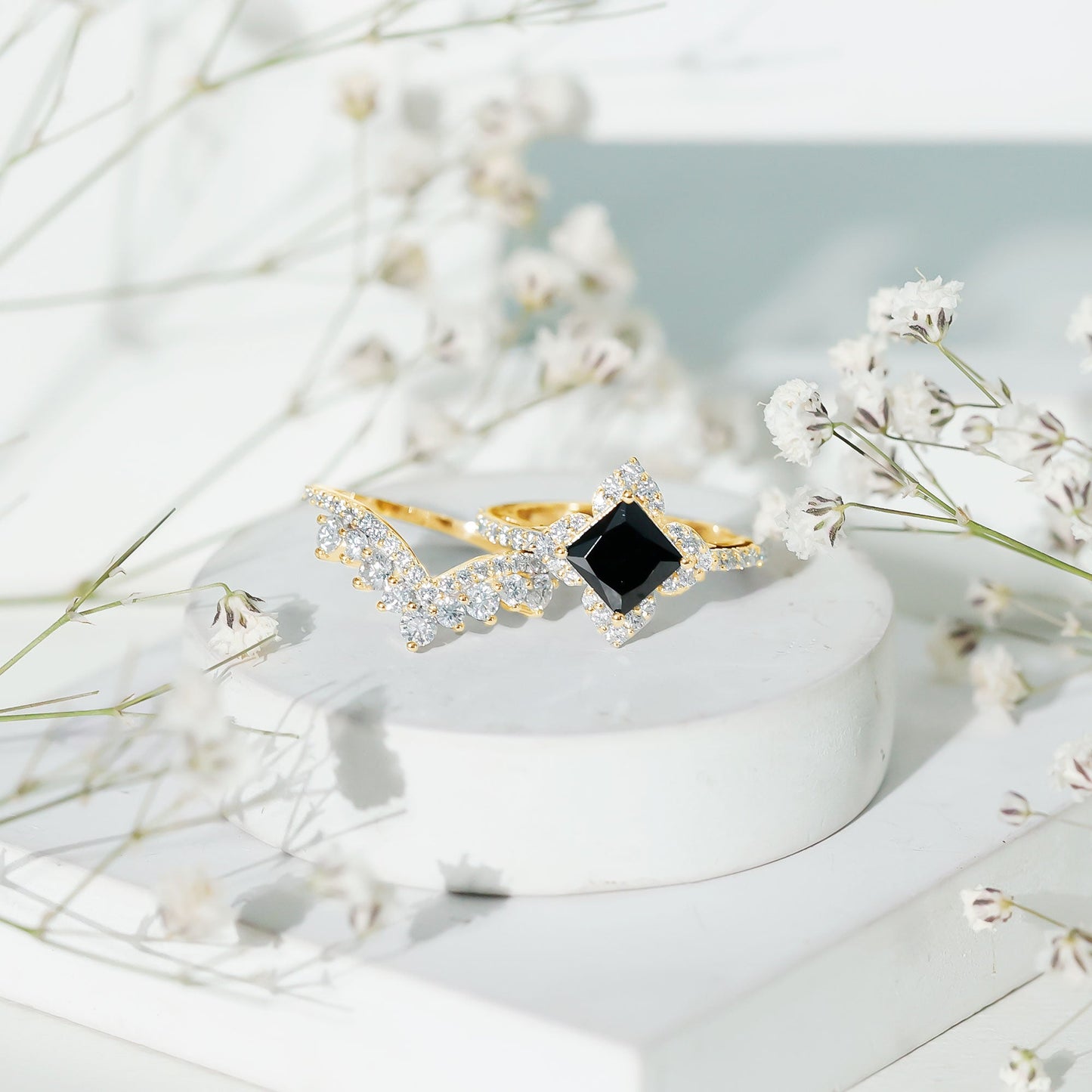 0.5 Carat Black Onyx and Moissanite Statement Wedding Ring Set