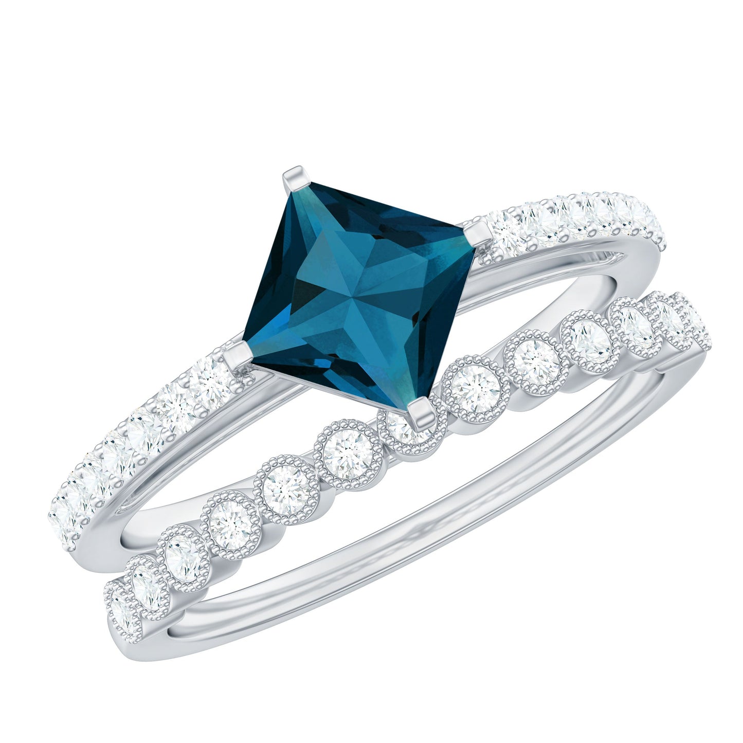 Genuine London Blue Topaz Designer Engagement Ring with Diamond Wedding Band