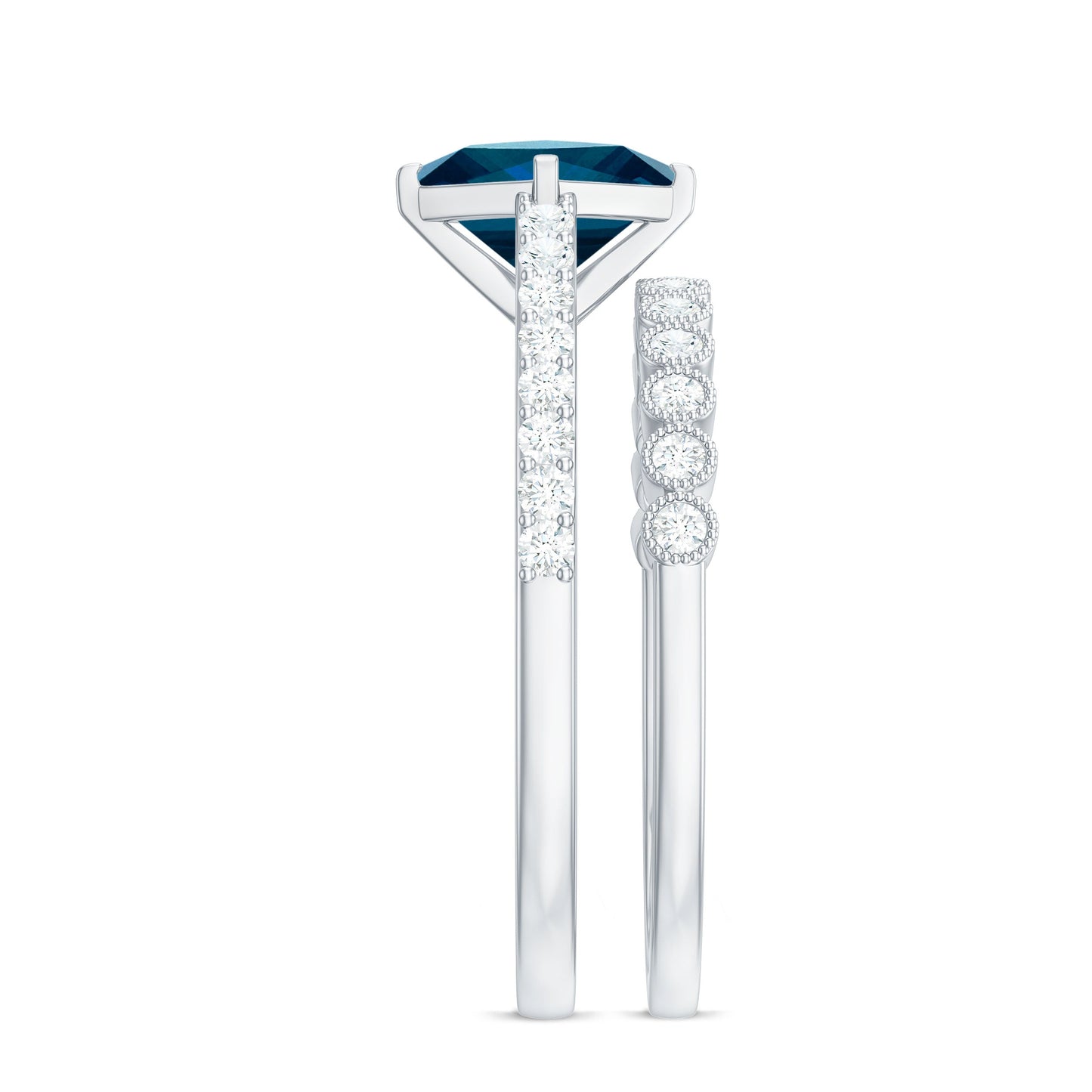 Genuine London Blue Topaz Designer Engagement Ring with Diamond Wedding Band