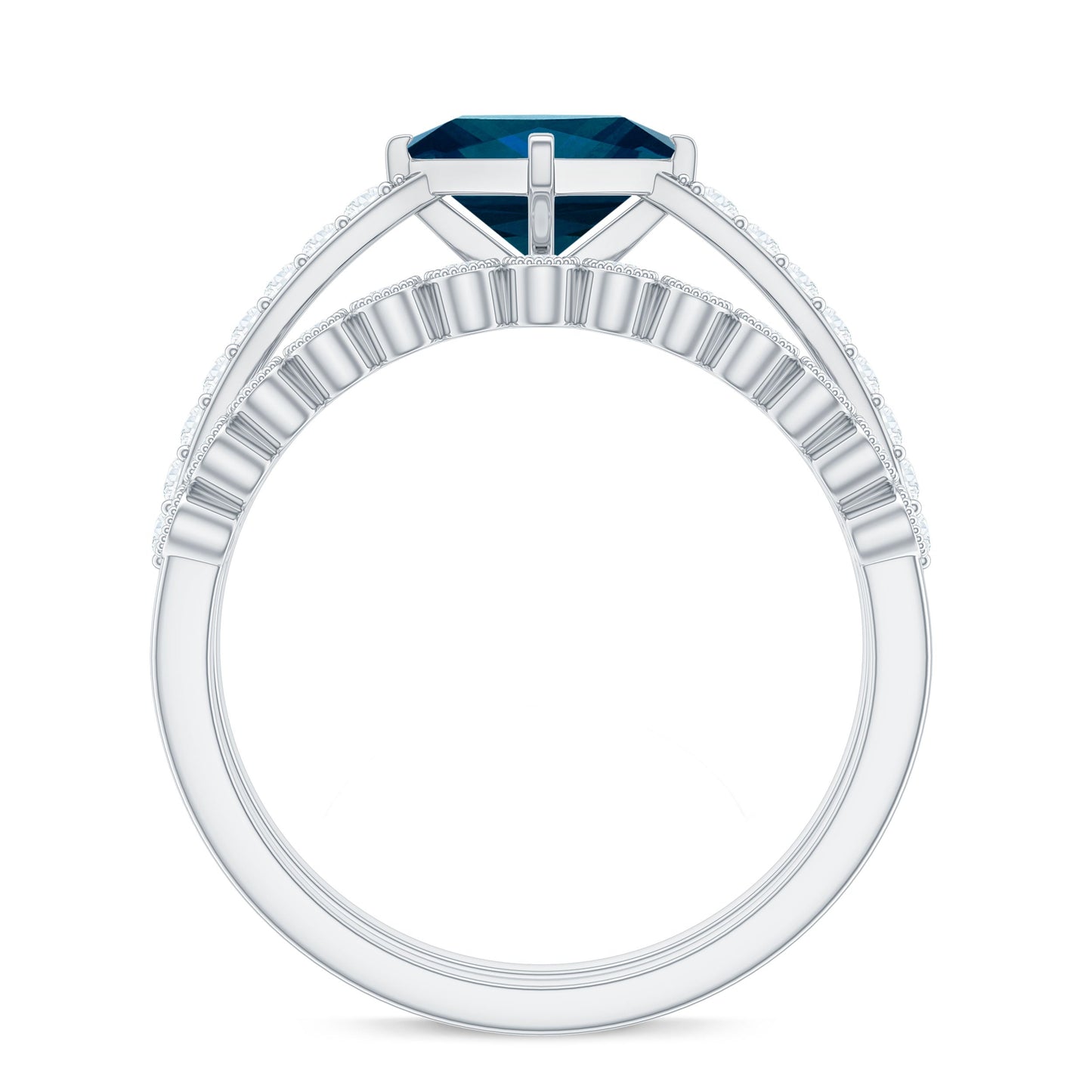 Genuine London Blue Topaz Designer Engagement Ring with Diamond Wedding Band
