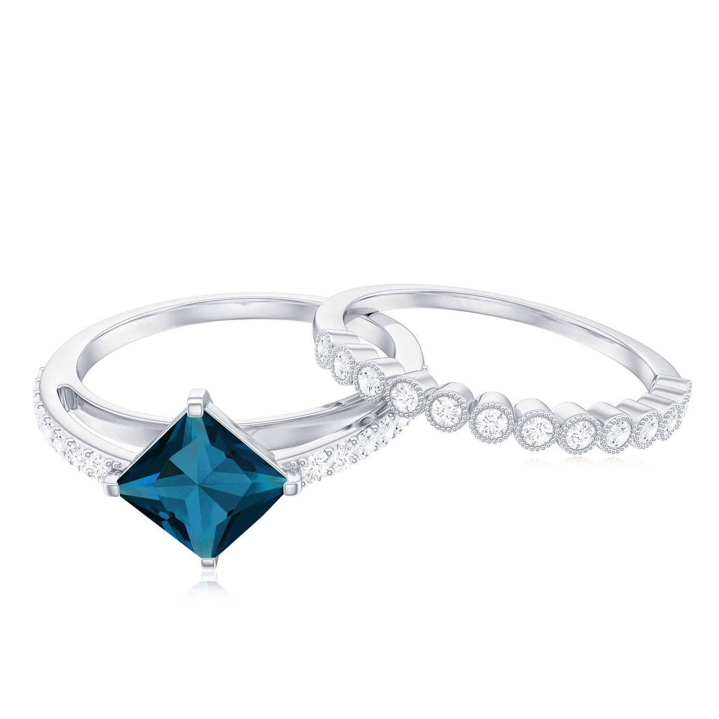 Genuine London Blue Topaz Designer Engagement Ring with Diamond Wedding Band