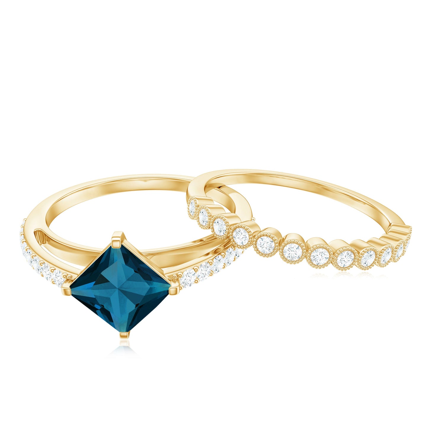 Genuine London Blue Topaz Designer Engagement Ring with Diamond Wedding Band