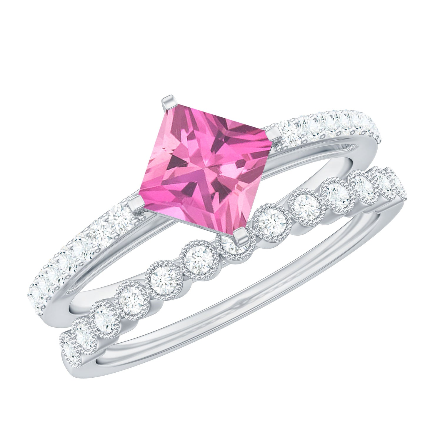1 Carat Princess Cut Pink Tourmaline Ring with Diamond Wedding Band