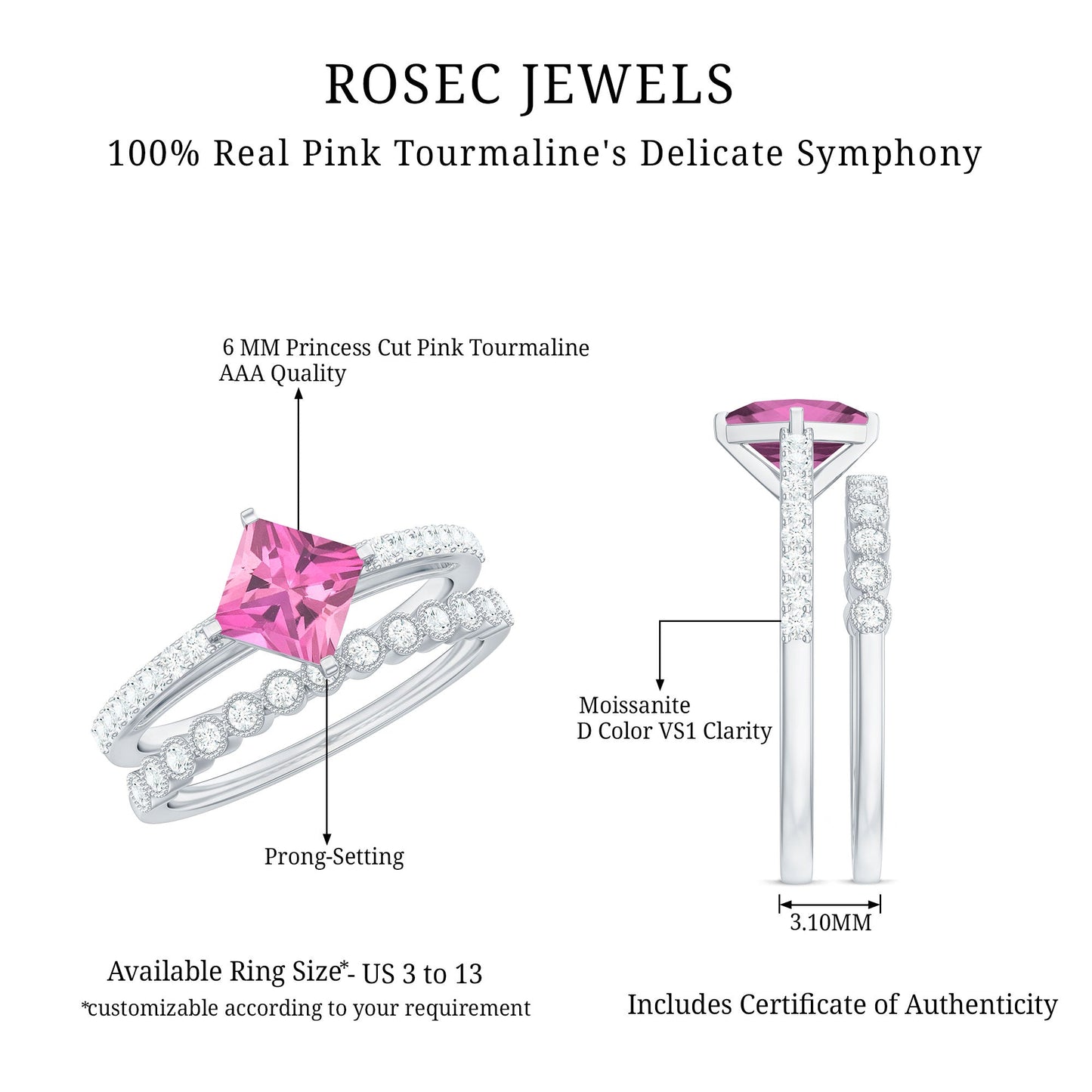 1 Carat Princess Cut Pink Tourmaline Ring with Diamond Wedding Band