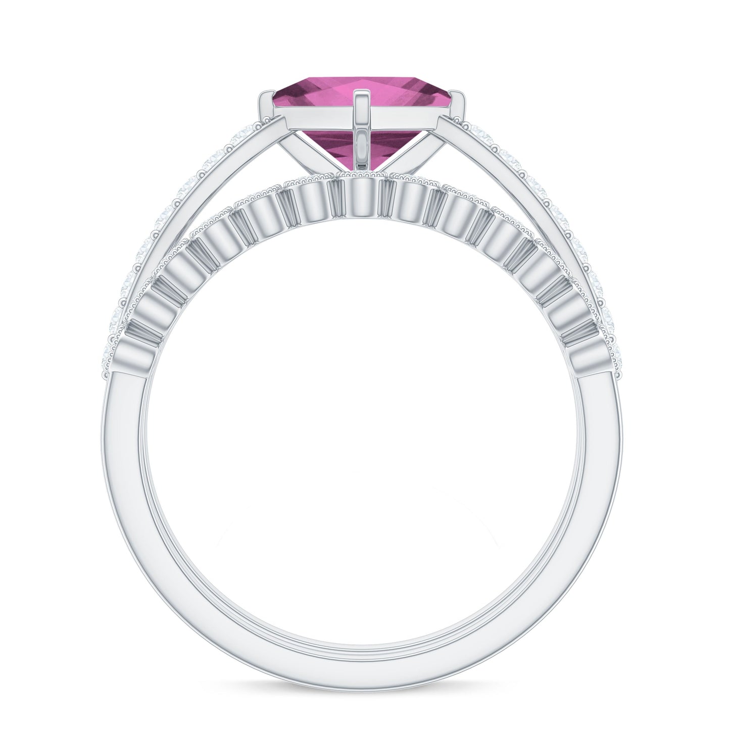 1 Carat Princess Cut Pink Tourmaline Ring with Diamond Wedding Band