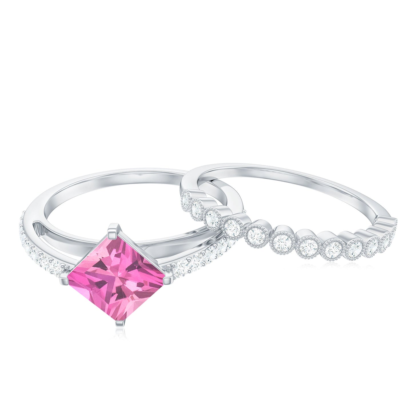 1 Carat Princess Cut Pink Tourmaline Ring with Diamond Wedding Band