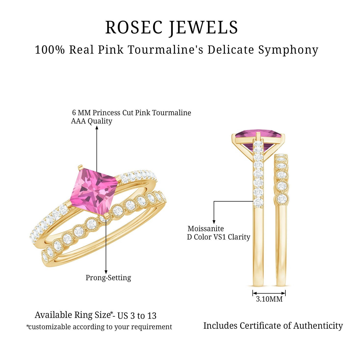 1 Carat Princess Cut Pink Tourmaline Ring with Diamond Wedding Band