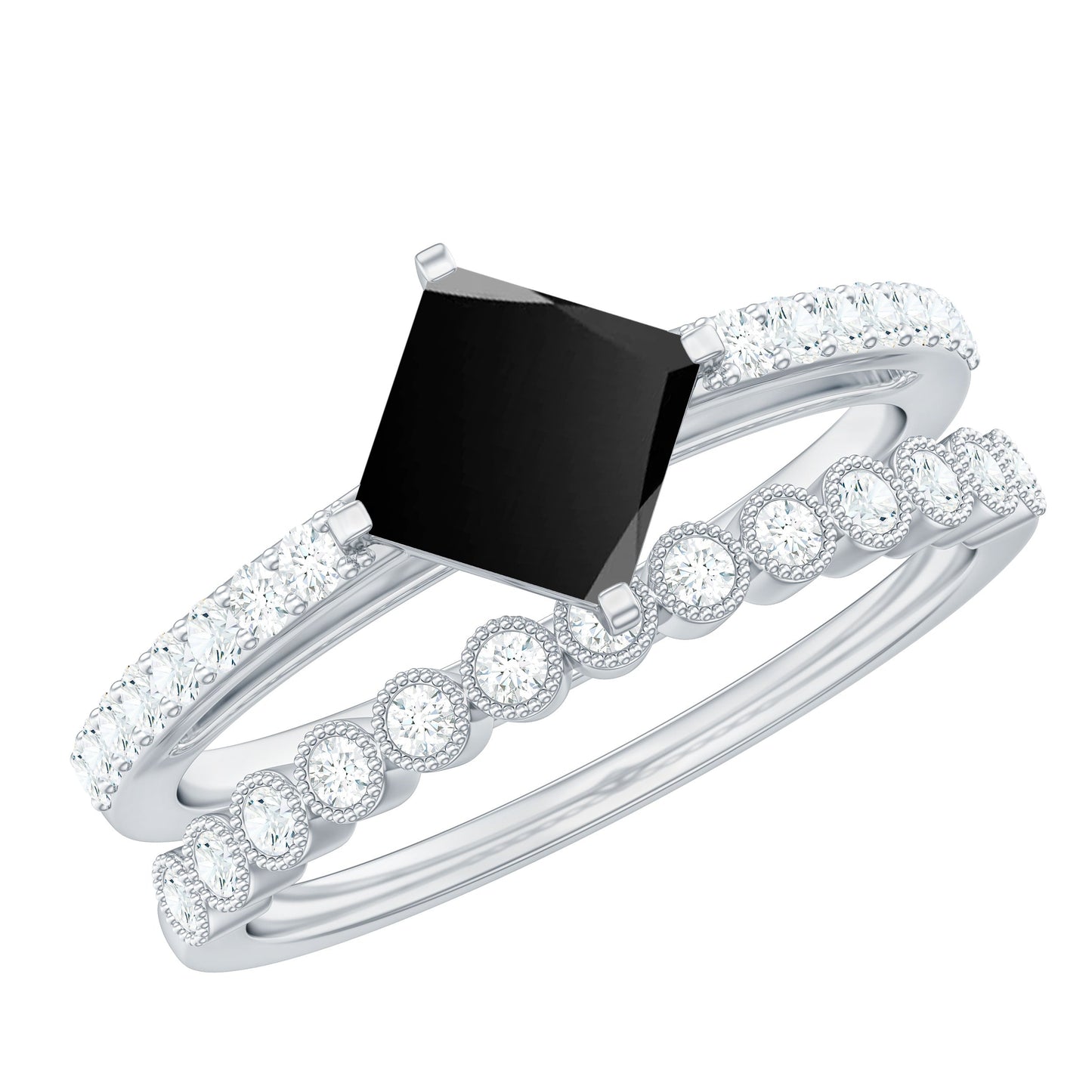 0.5 Carat Princess Cut Black Onyx Wedding Ring Set with Diamond Band