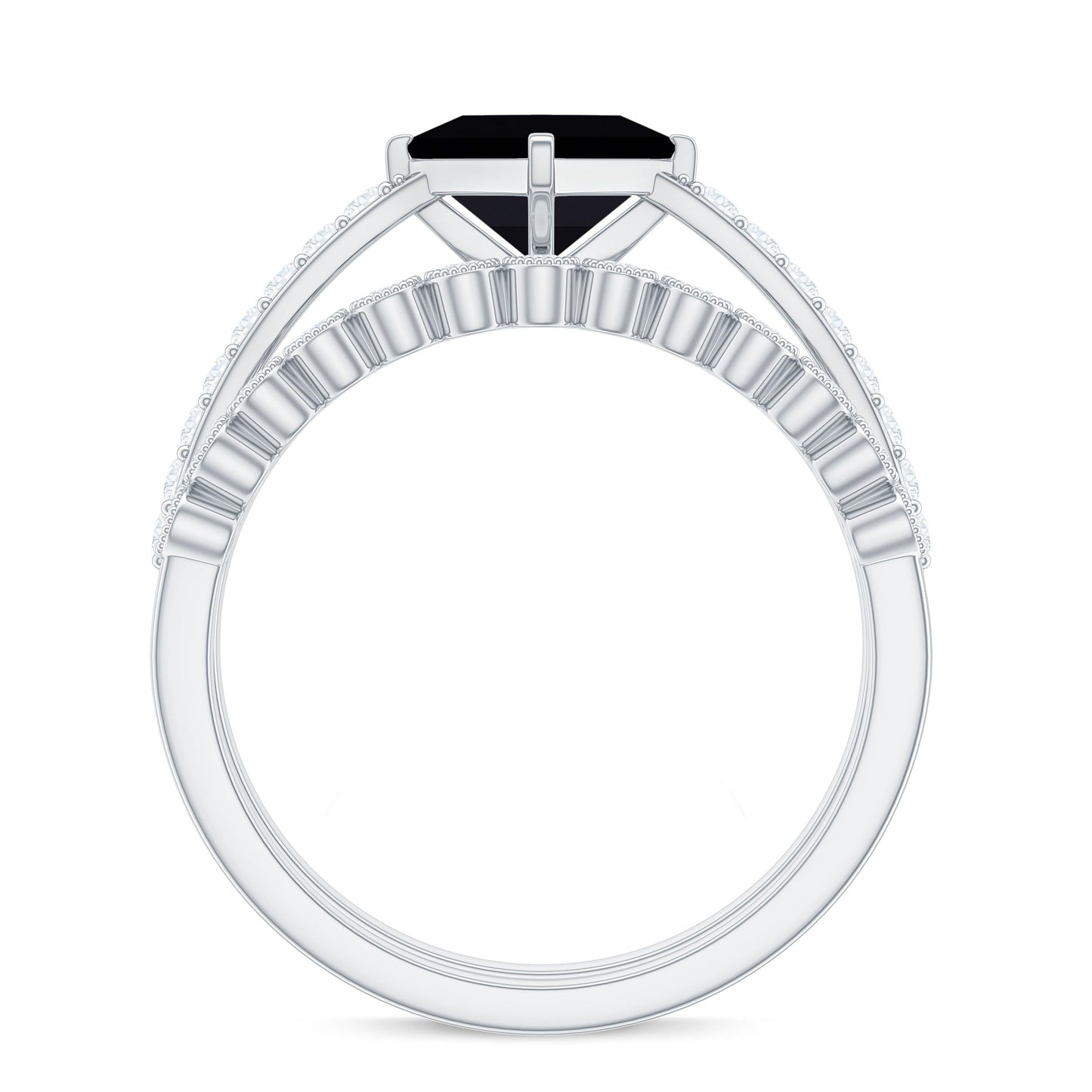 0.5 Carat Princess Cut Black Onyx Wedding Ring Set with Diamond Band