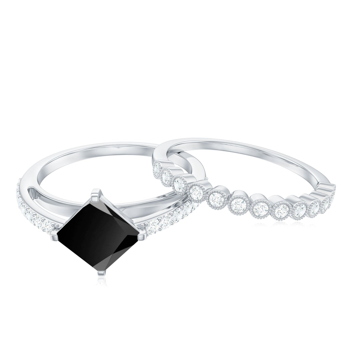 0.5 Carat Princess Cut Black Onyx Wedding Ring Set with Diamond Band