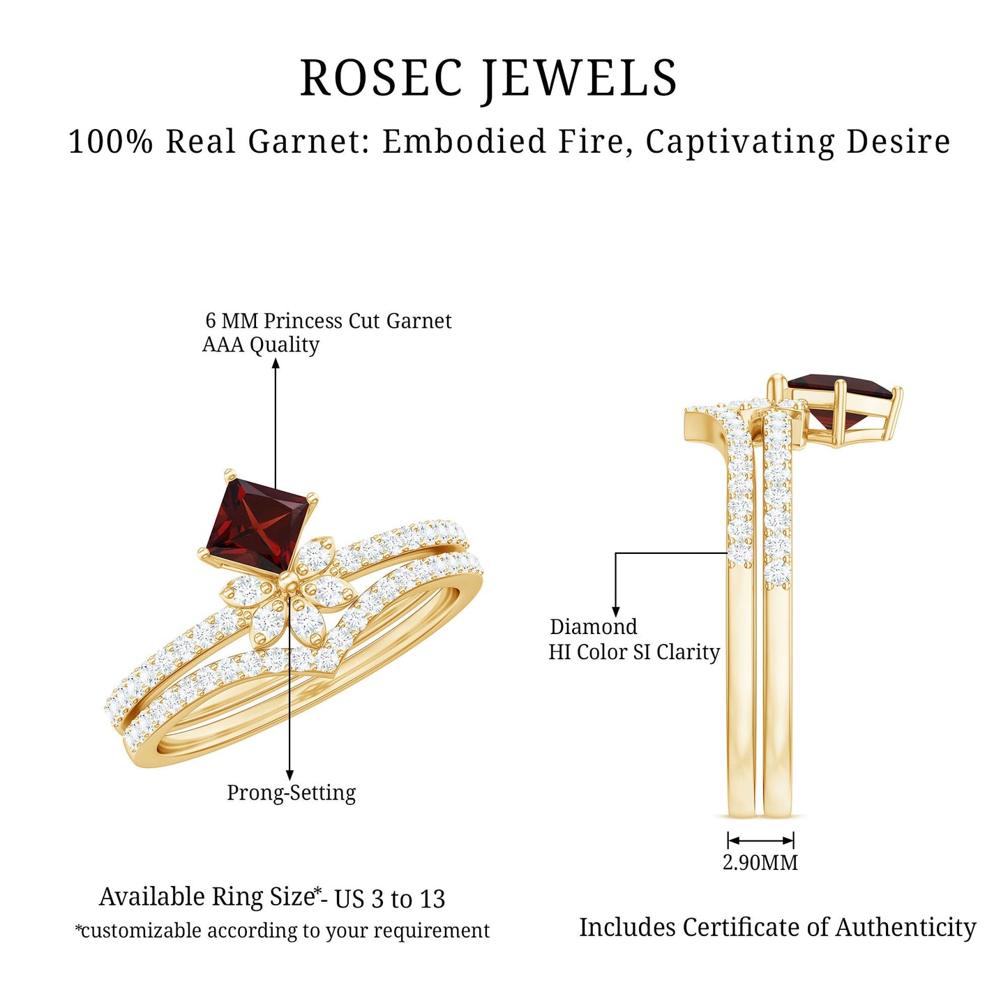 Natural Garnet Diamond Flower Engagement Ring Wedding Band Set