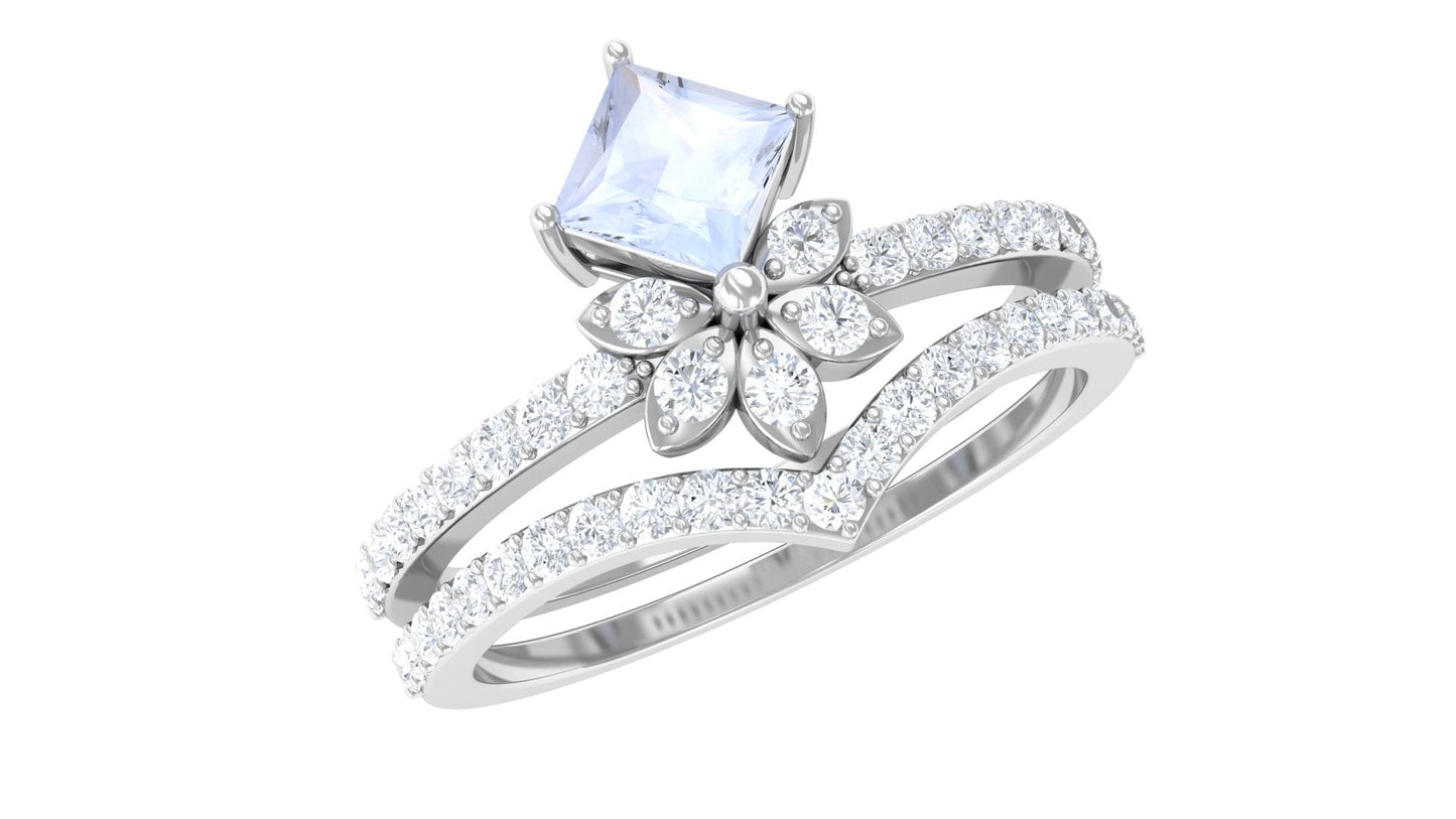 Princess Cut Moonstone and Diamond Flower Ring Set