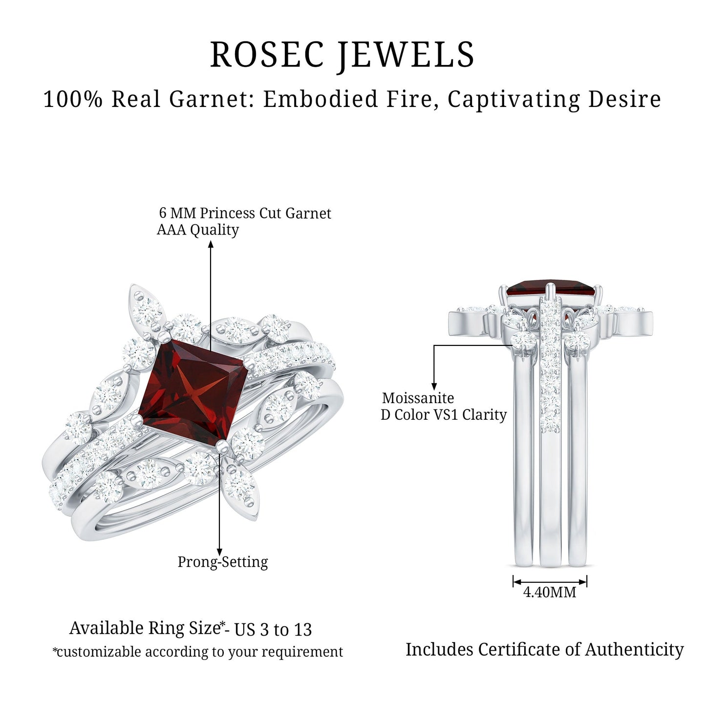 1.4 Carat Vintage Looking Princess Cut Garnet and Diamond 3 Piece Wedding Ring Set