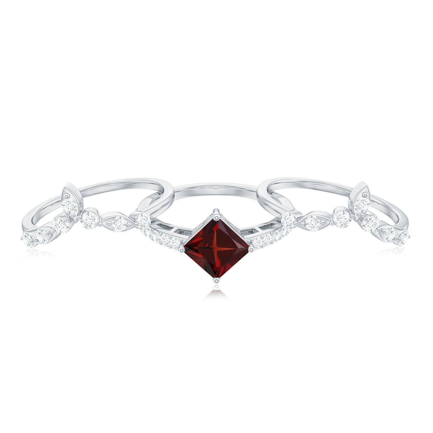 1.4 Carat Vintage Looking Princess Cut Garnet and Diamond 3 Piece Wedding Ring Set