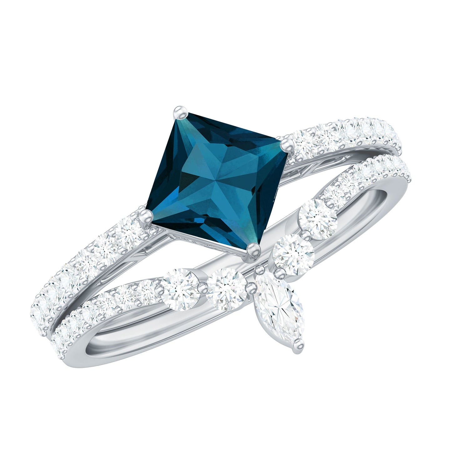 1 Carat Princess Cut London Blue Topaz and Diamond Wedding Ring Set