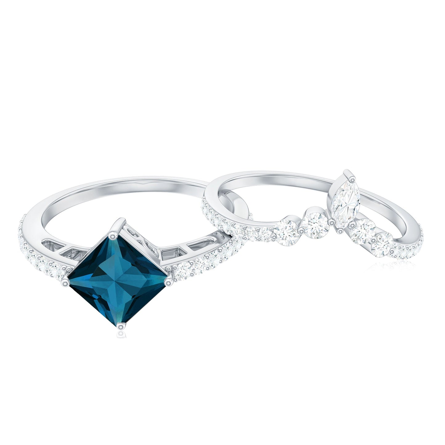 1 Carat Princess Cut London Blue Topaz and Diamond Wedding Ring Set