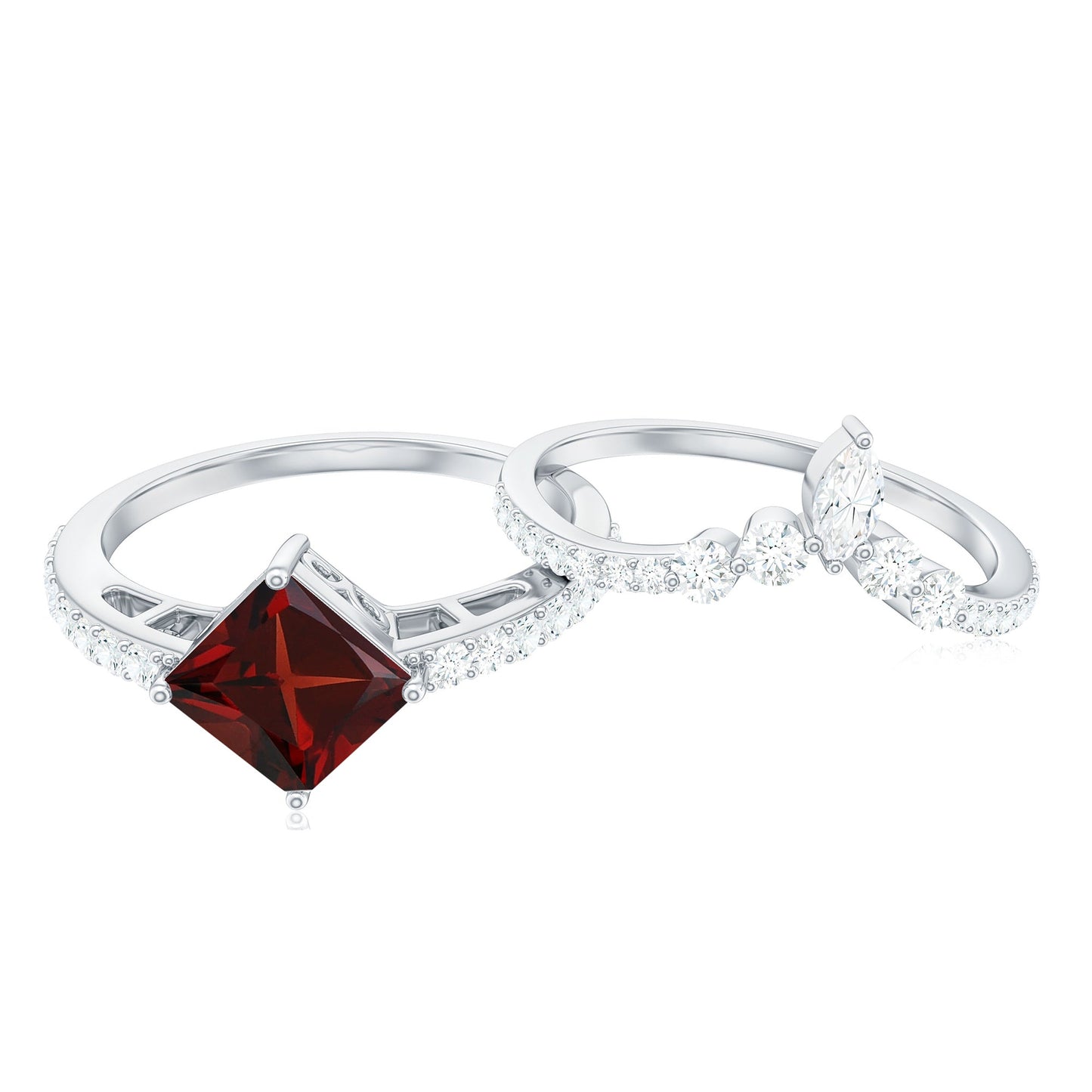 Natural Princess Cut Garnet Diamond Wedding Bridal Ring Set