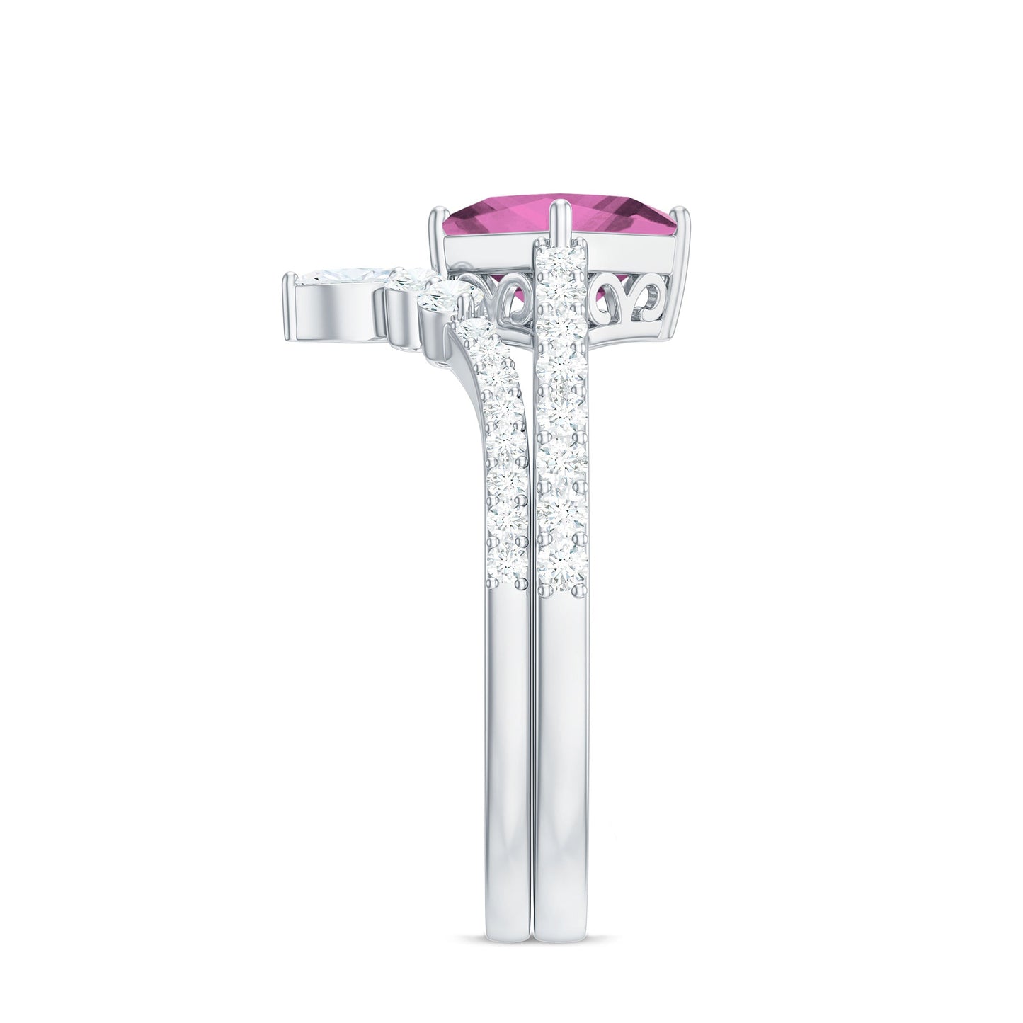 1 Carat Princess Cut Pink tourmaline and Diamond Wedding Ring Set for Women