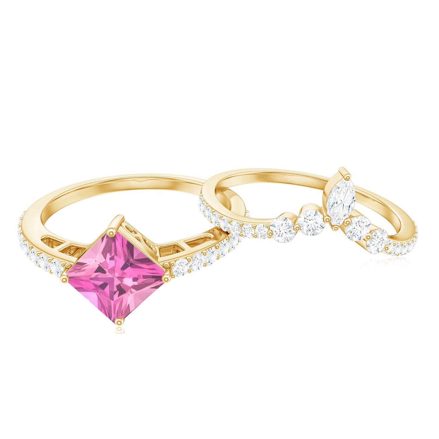 1 Carat Princess Cut Pink tourmaline and Diamond Wedding Ring Set for Women