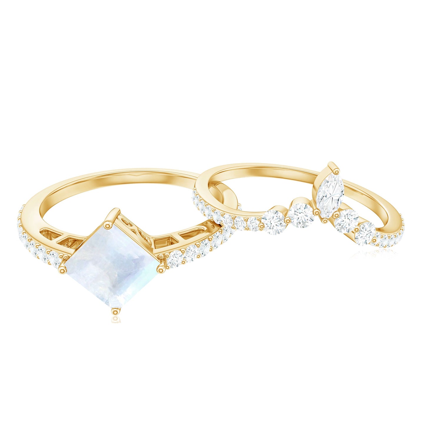 Princess Cut Solitaire Moonstone Designer Ring Set with Diamond