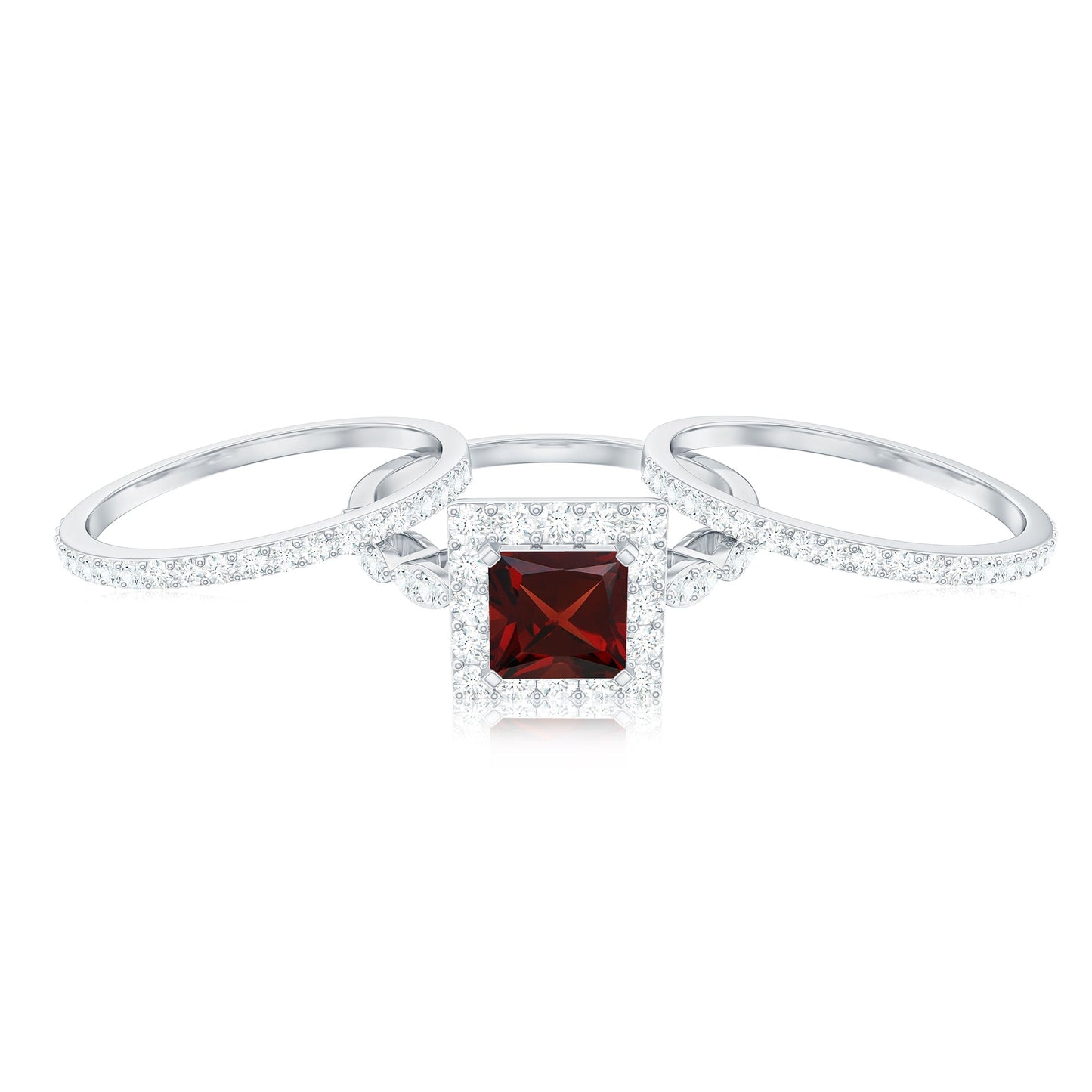 Genuine 1.4 Carat Princess Cut Garnet 3 Piece Bridal Ring Set with Moissanite