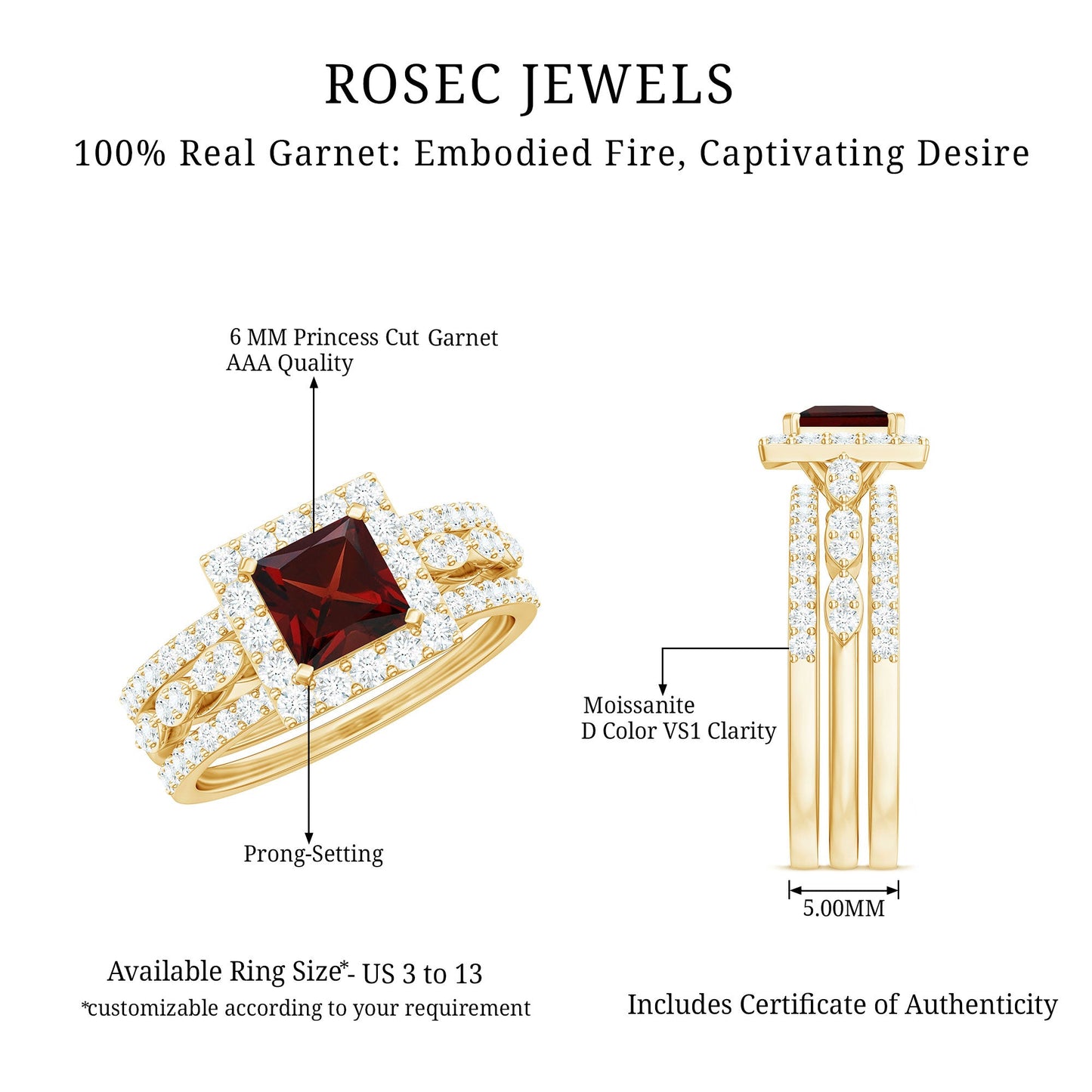 Genuine 1.4 Carat Princess Cut Garnet 3 Piece Bridal Ring Set with Moissanite