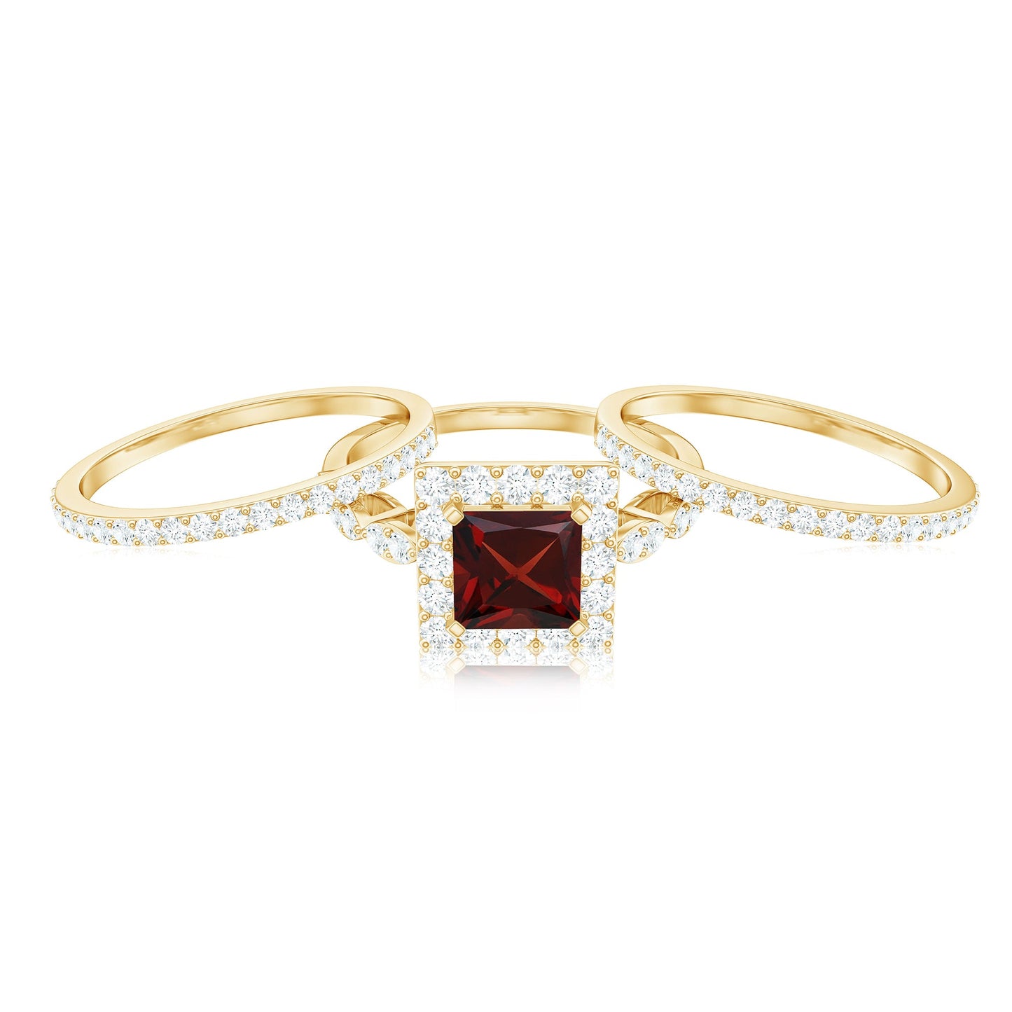 Genuine 1.4 Carat Princess Cut Garnet 3 Piece Bridal Ring Set with Moissanite