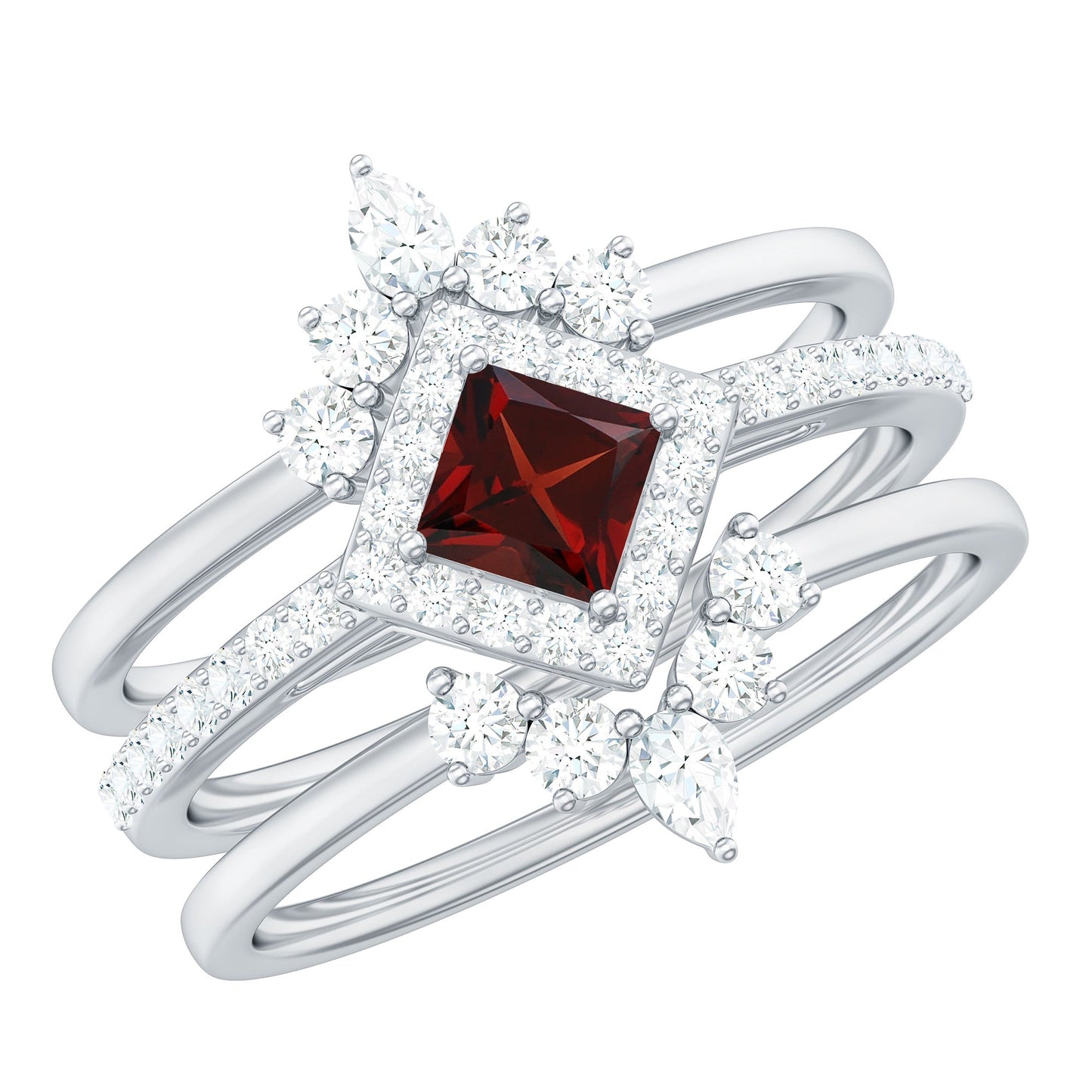 1.4 Carat Natural Garnet Diamond 3 Piece Bridal Ring Set