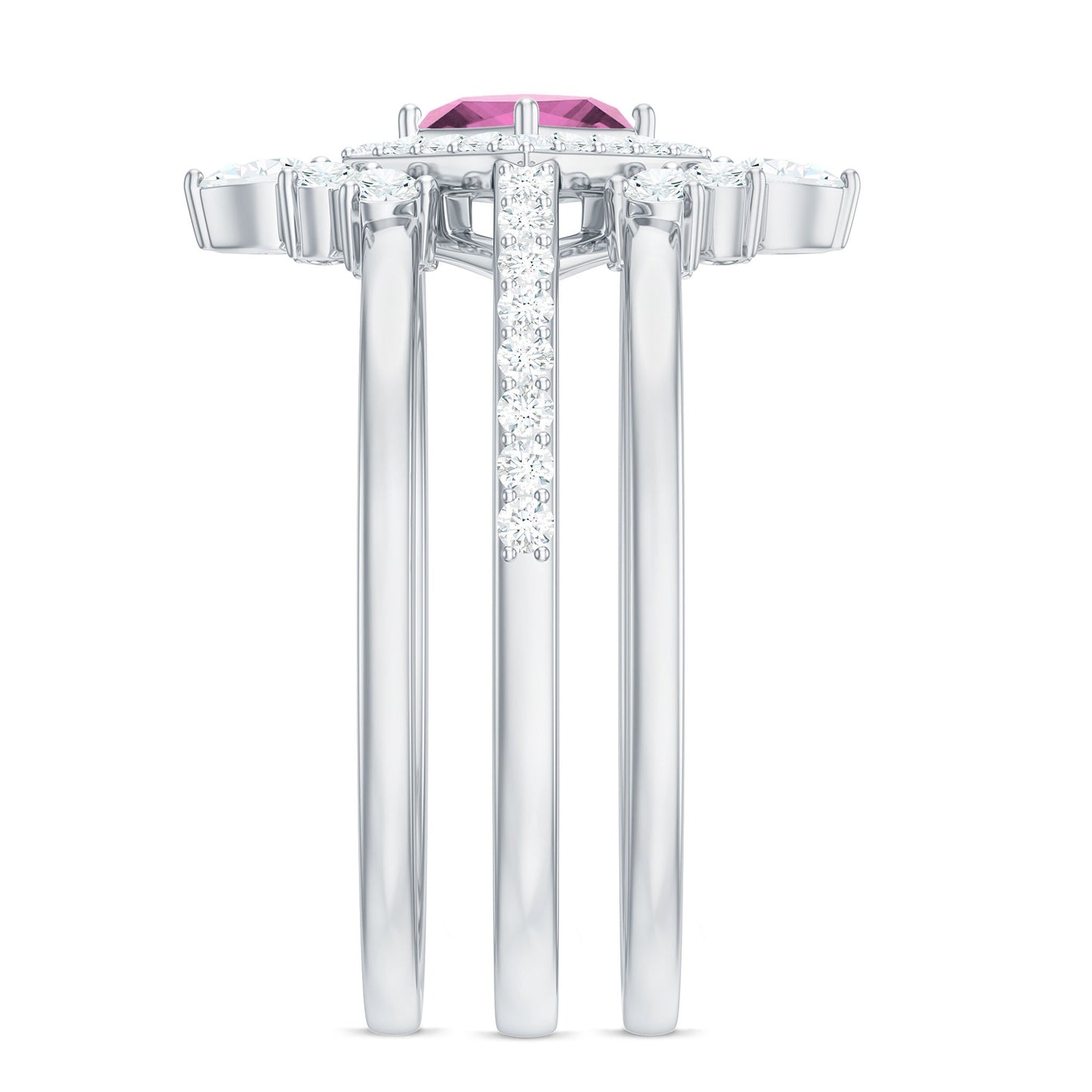 Real Pink tourmaline and Moissanite Trio Wedding Ring Set