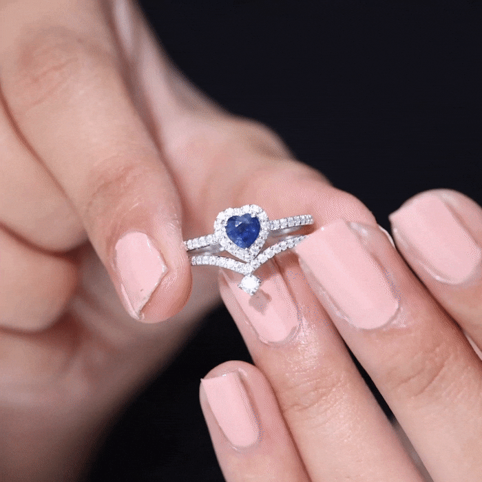 Real Heart Shape Blue Sapphire and Diamond Halo Wedding Ring Set
