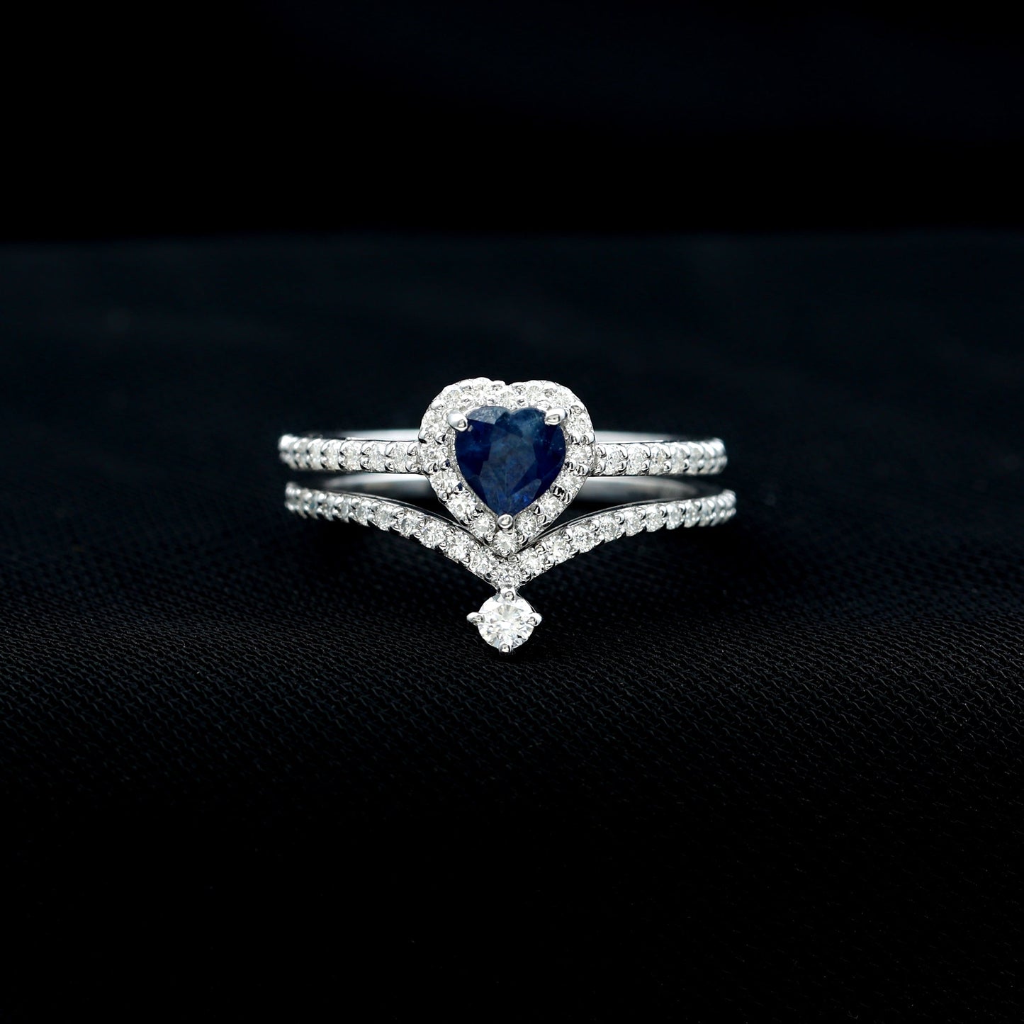 Real Heart Shape Blue Sapphire and Diamond Halo Wedding Ring Set