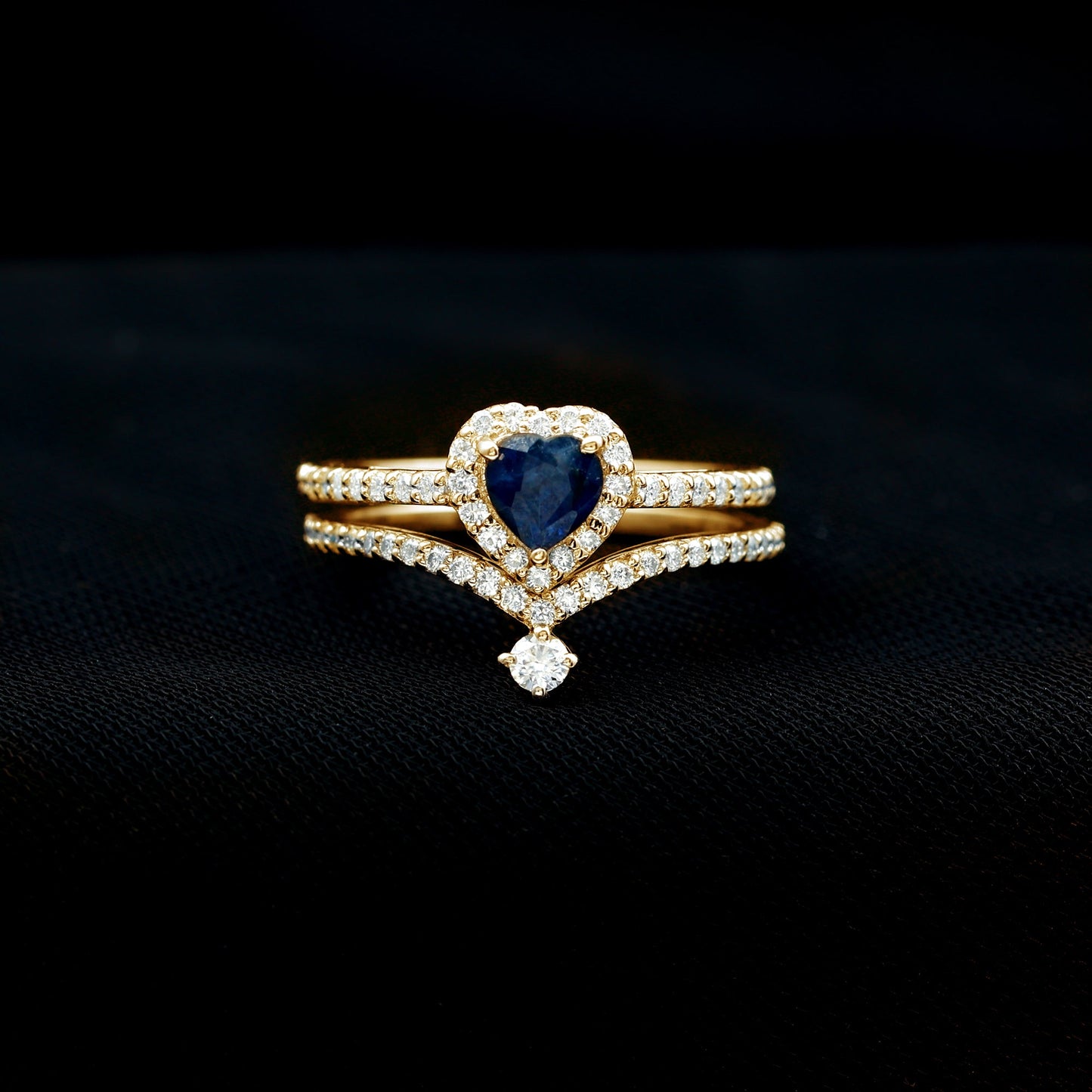 Real Heart Shape Blue Sapphire and Diamond Halo Wedding Ring Set