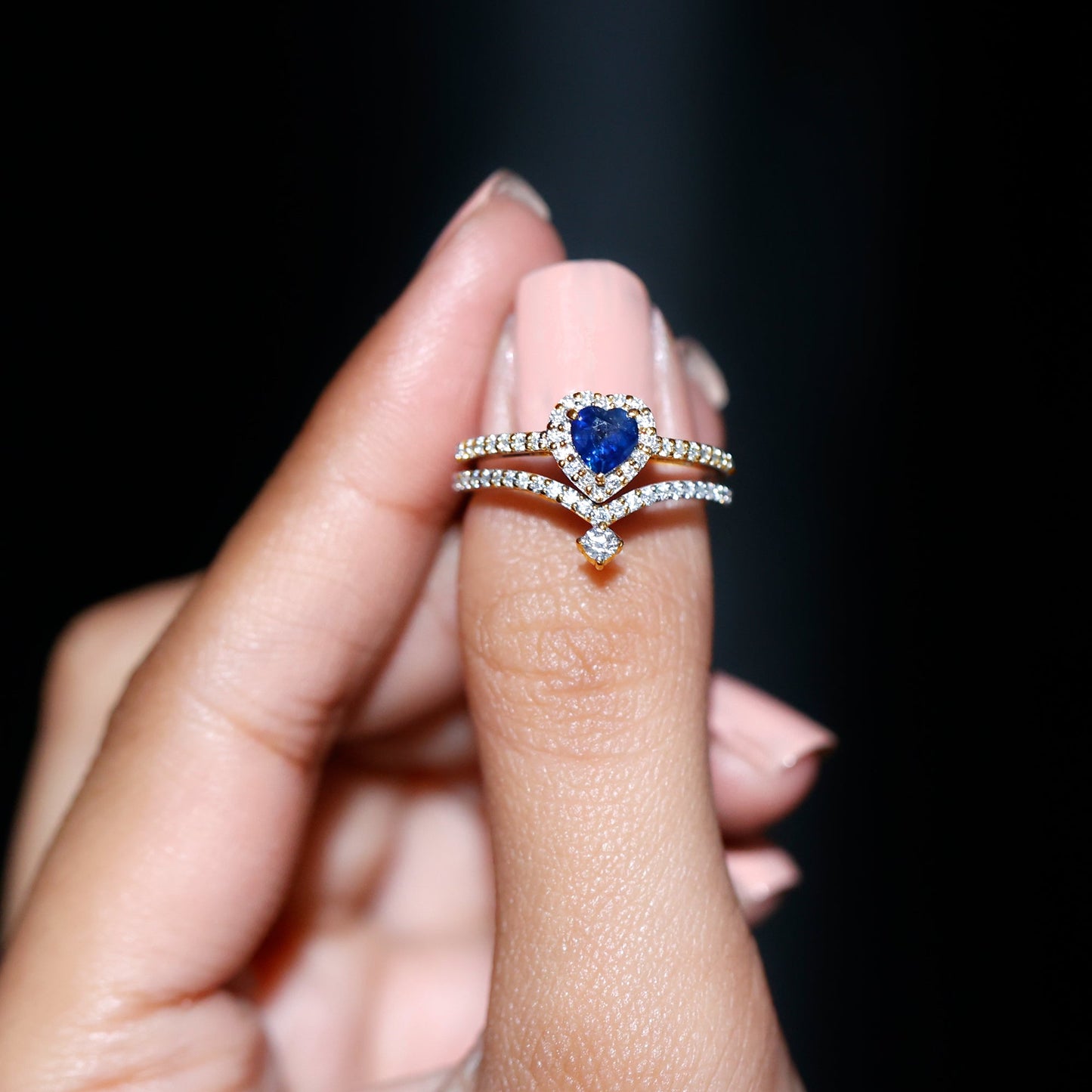 Real Heart Shape Blue Sapphire and Diamond Halo Wedding Ring Set
