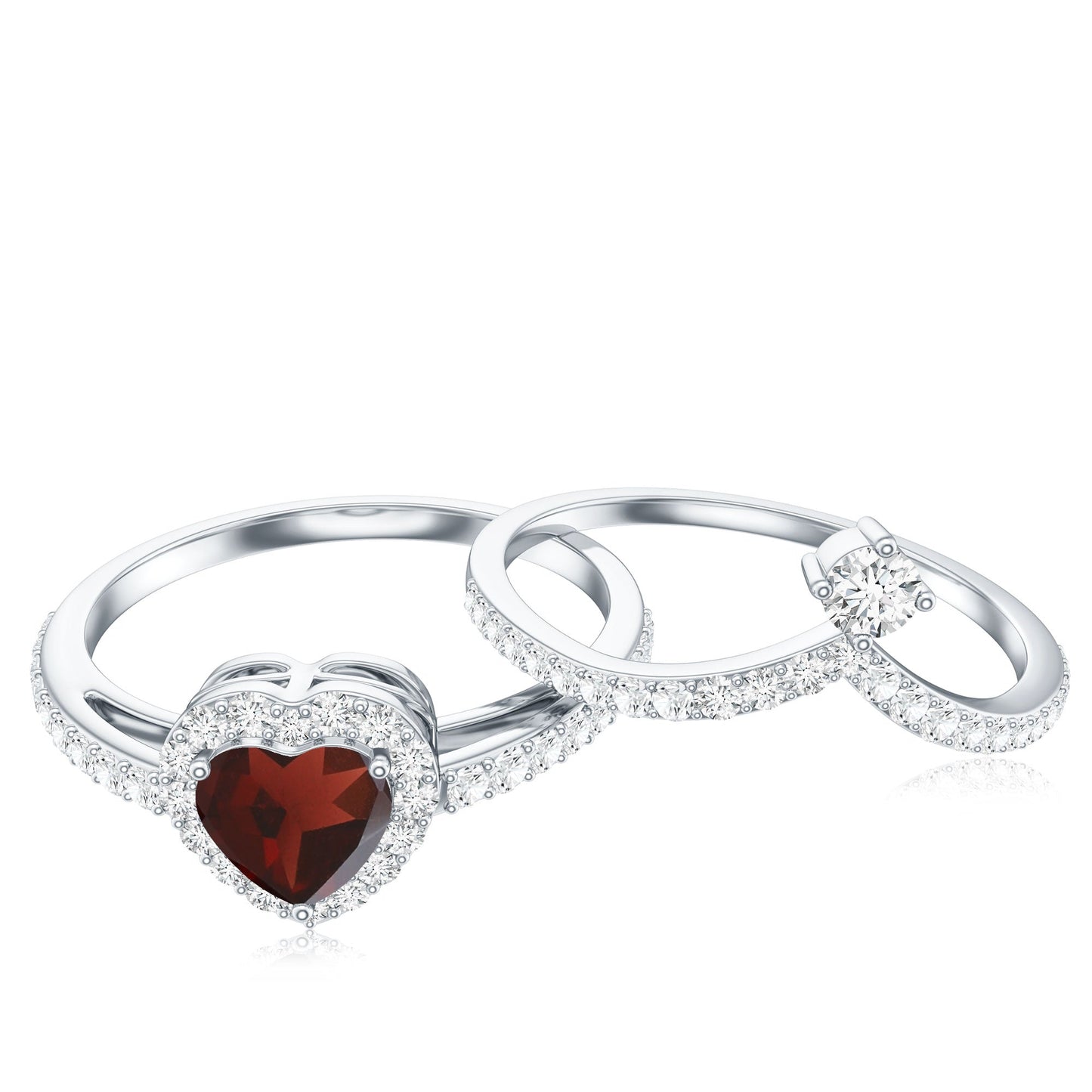 Natural Garnet Diamond Heart Engagement Ring Wedding Band Set