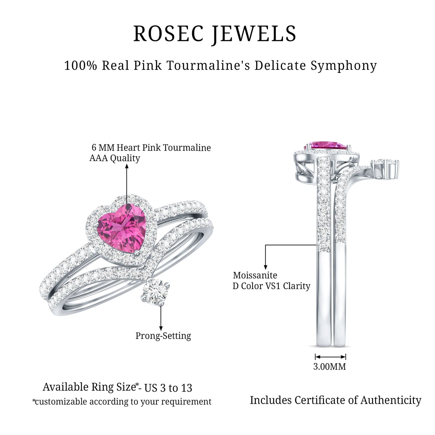 Genuine Pink Tourmaline Ring Set with Moissanite