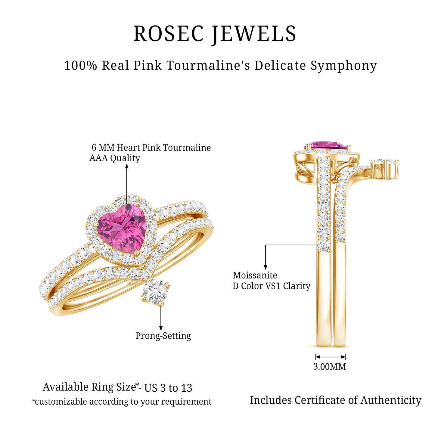 Genuine Pink Tourmaline Ring Set with Moissanite
