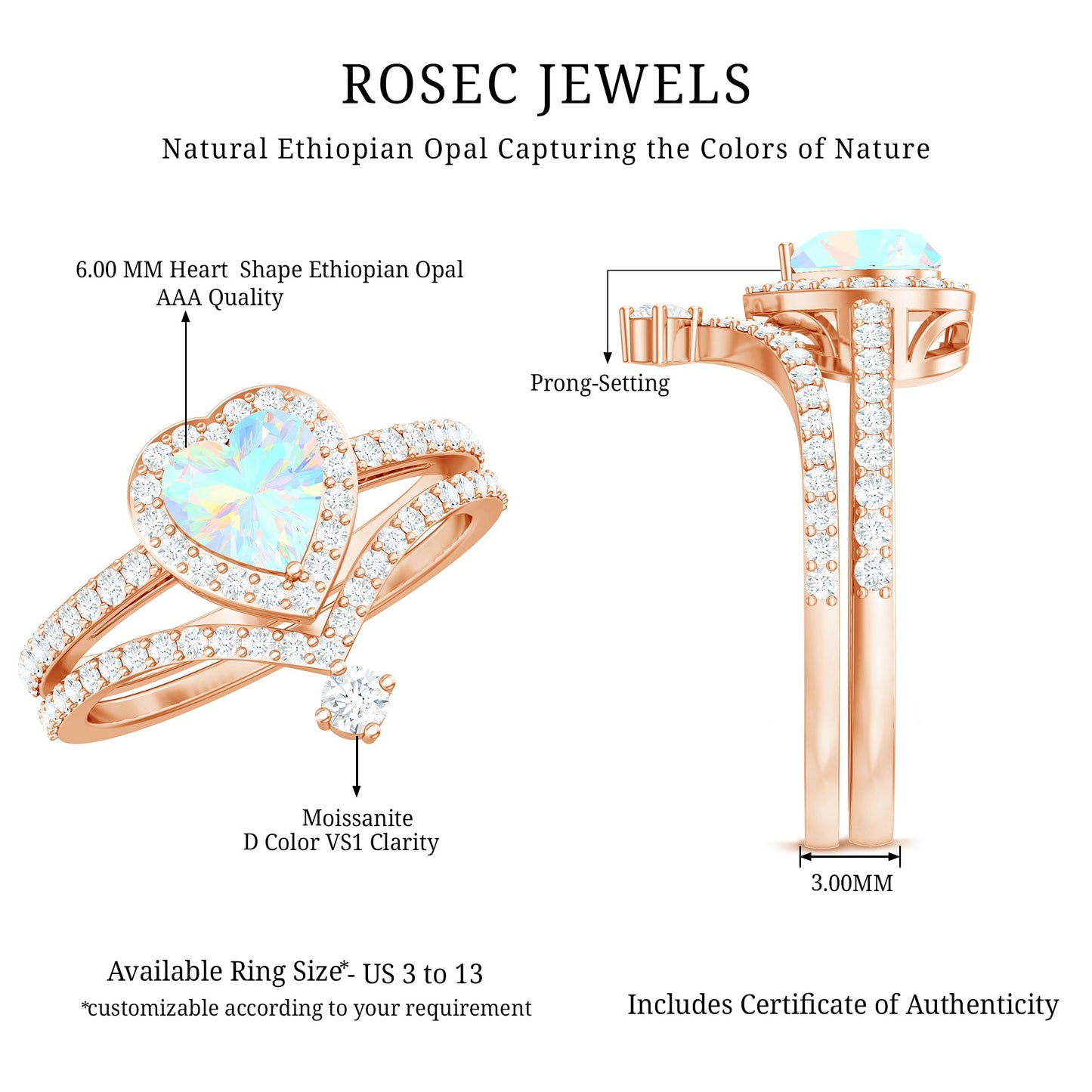 Natural Ethiopian Rainbow Opal Heart Shaped Engagement Ring with Enhancer