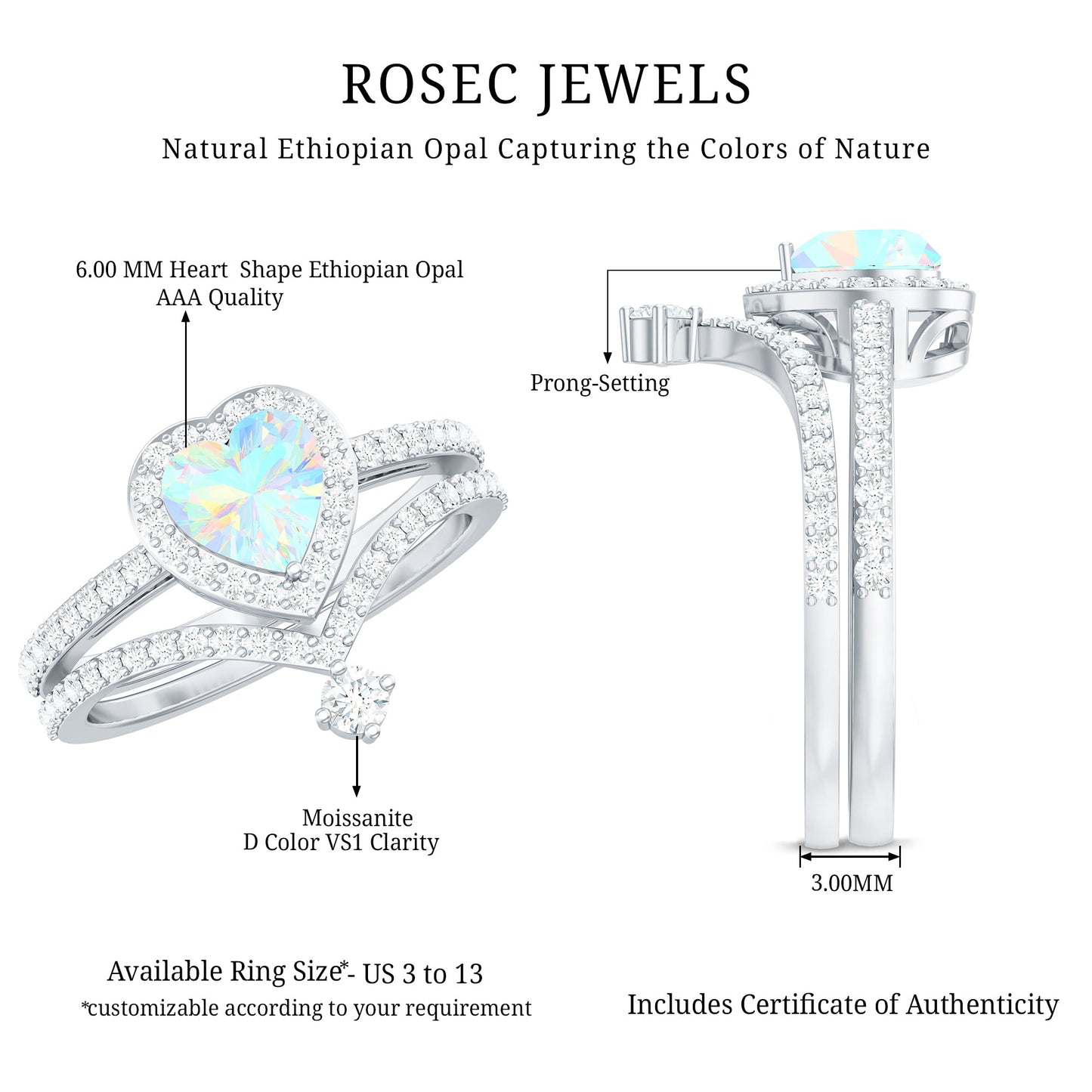 Natural Ethiopian Rainbow Opal Heart Shaped Engagement Ring with Enhancer