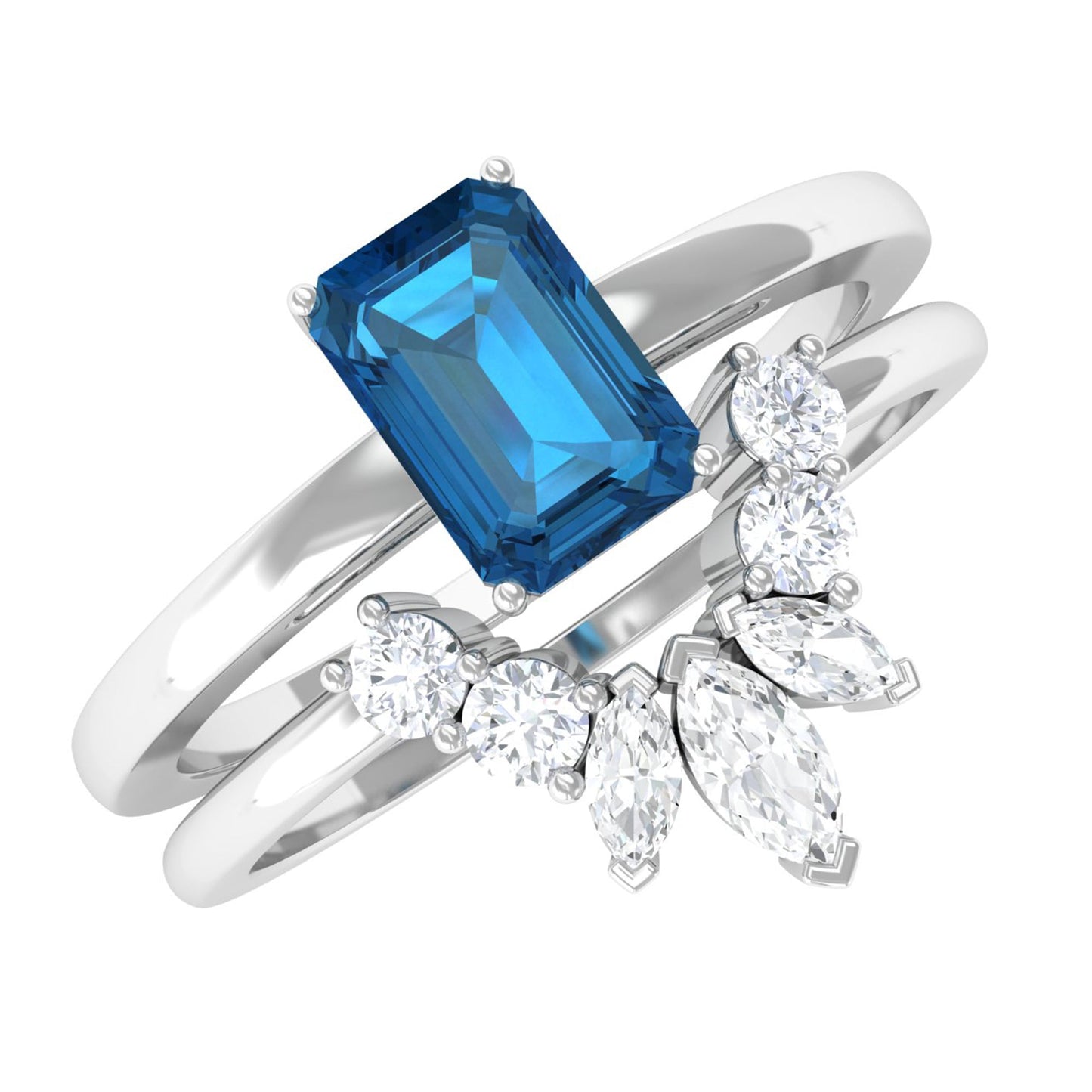 0.7 Carat Emerald Cut London Blue Topaz Solitaire Ring Set with Diamond