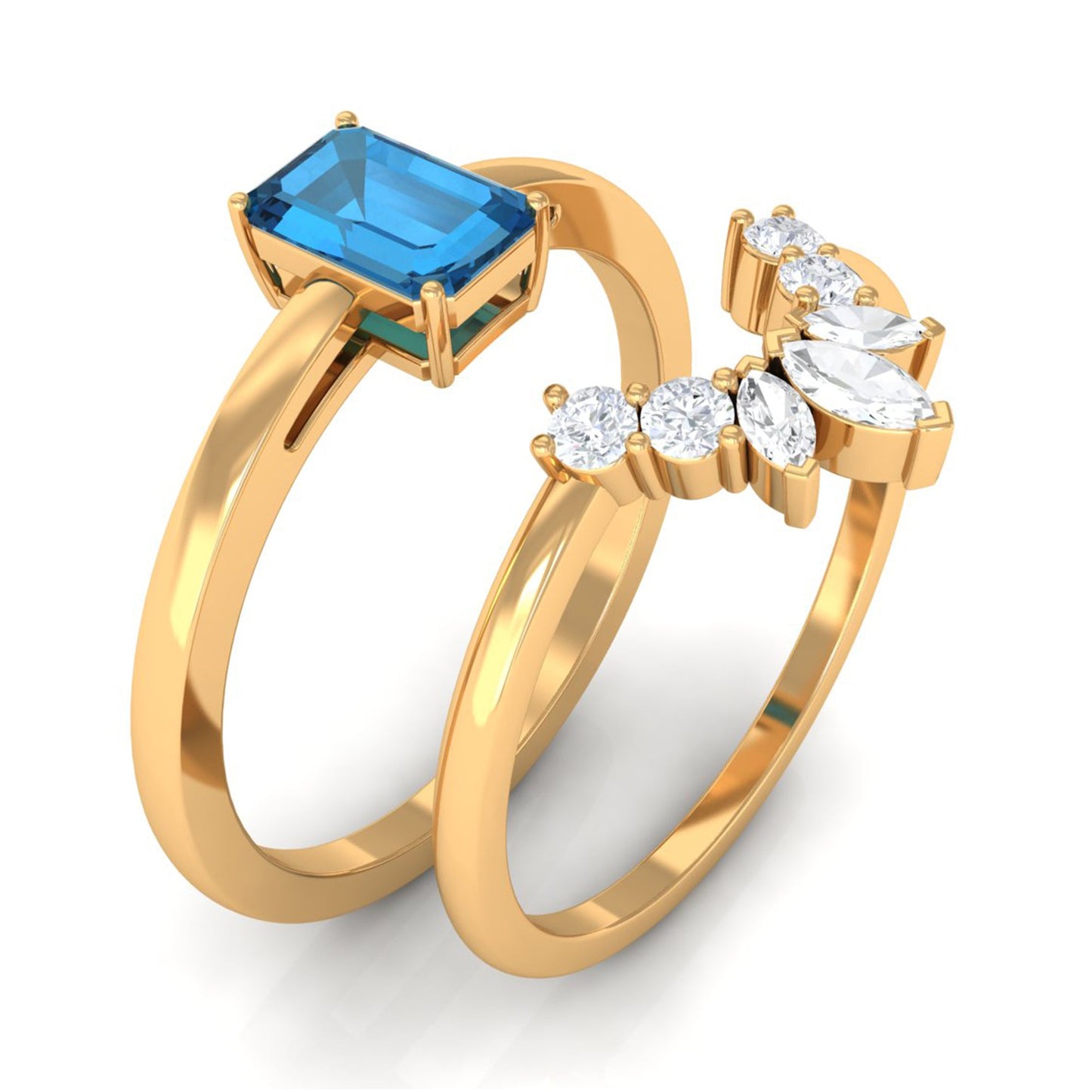0.7 Carat Emerald Cut London Blue Topaz Solitaire Ring Set with Diamond