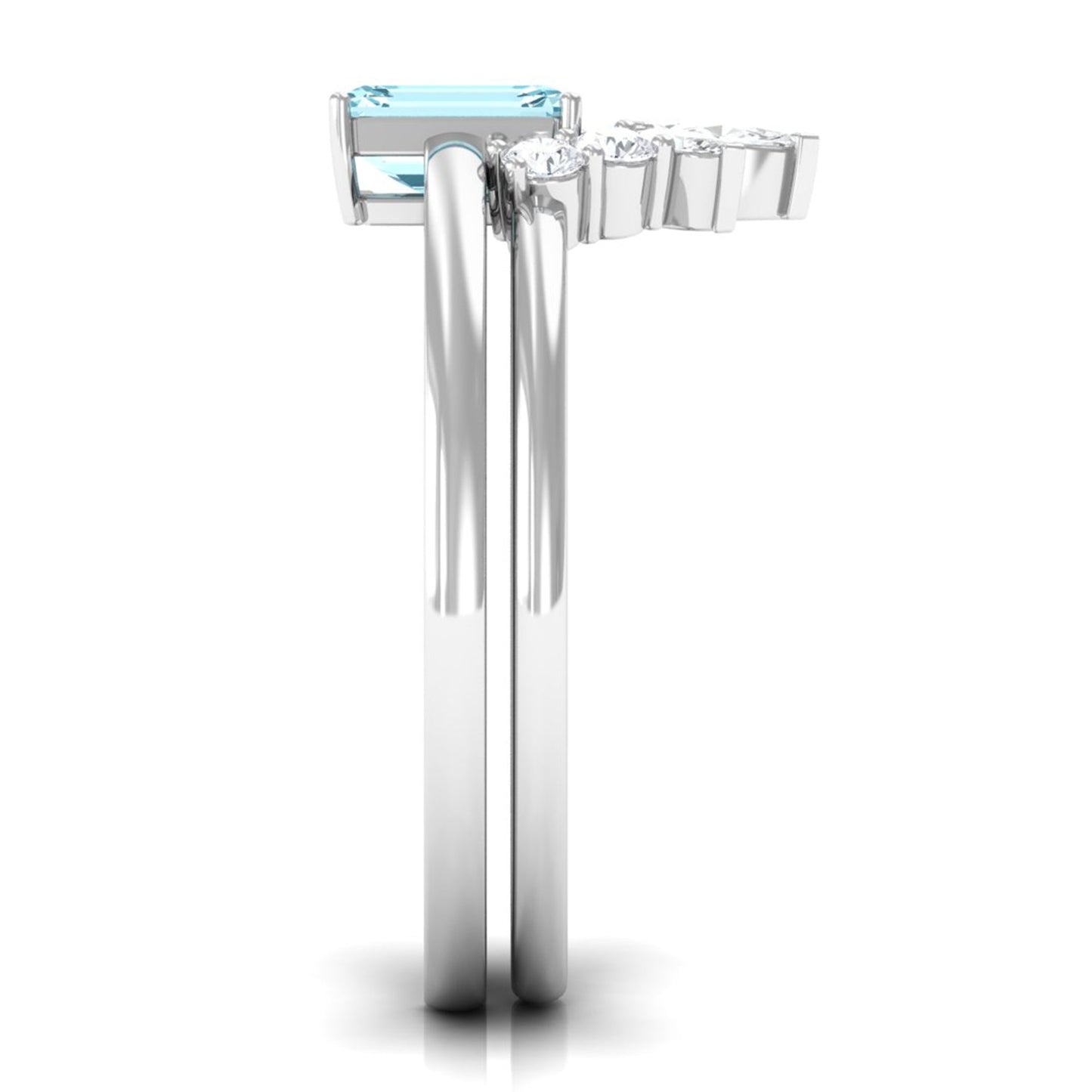 Natural Emerald Cut Aquamarine Engagement Ring with Diamond Wedding Band