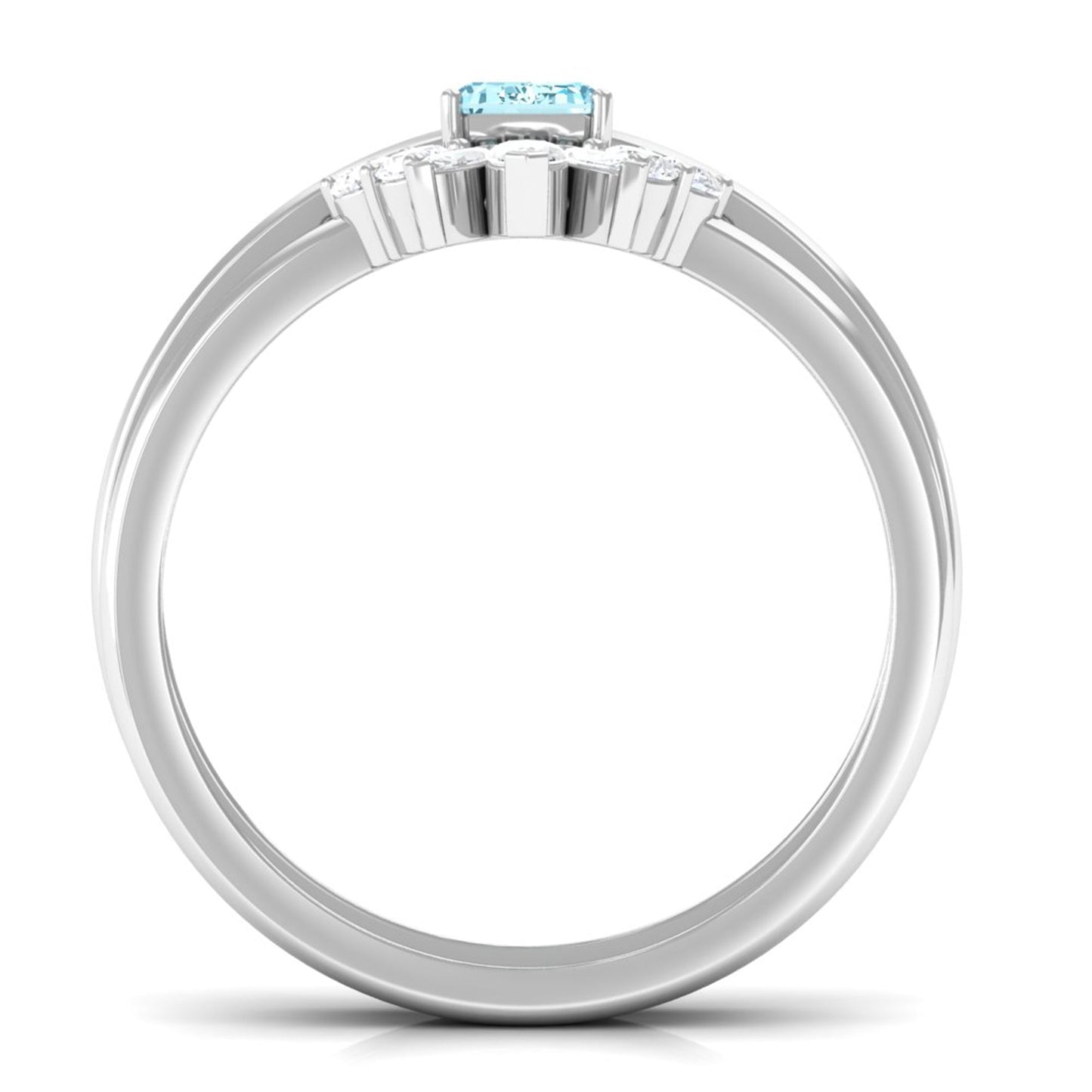 Natural Emerald Cut Aquamarine Engagement Ring with Diamond Wedding Band