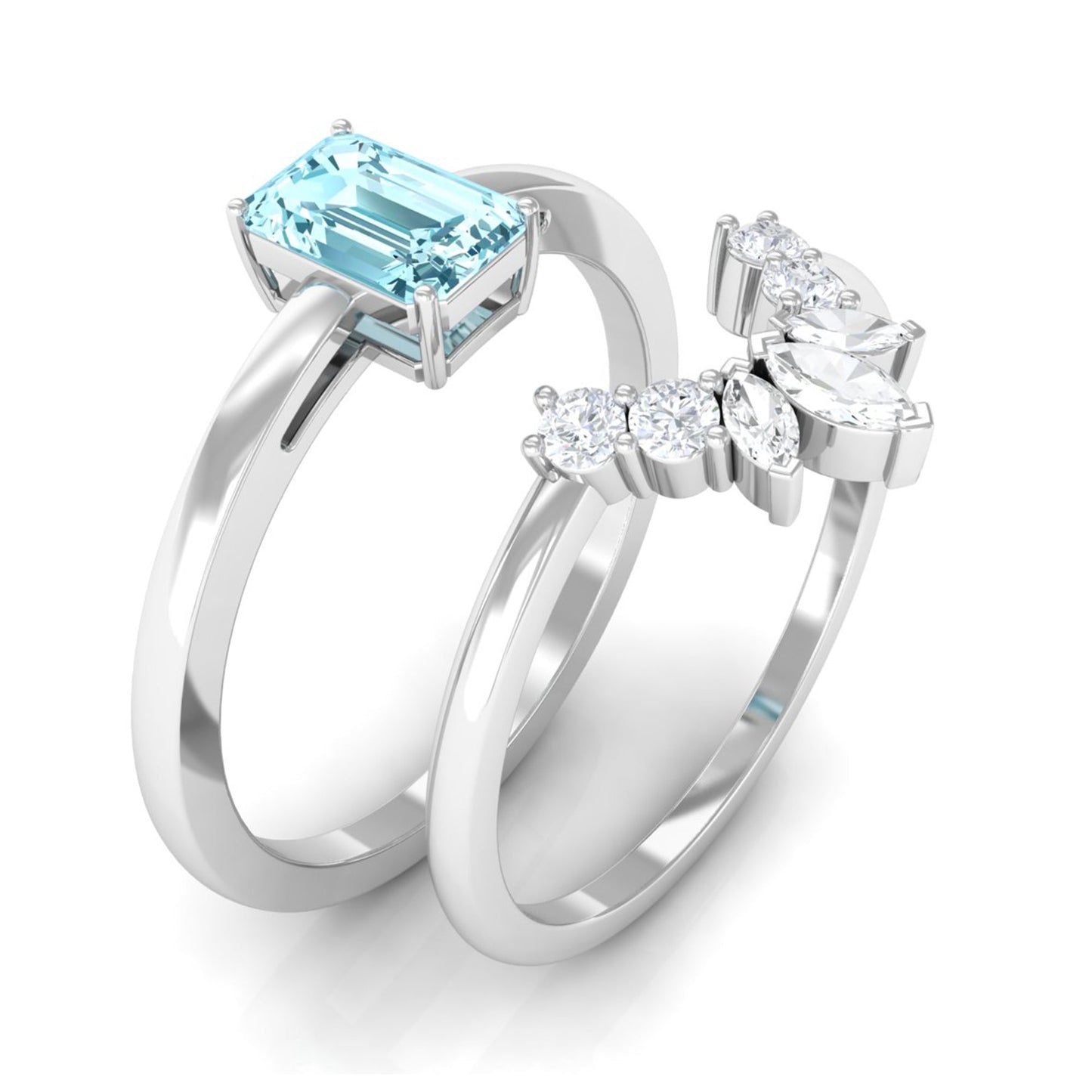 Natural Emerald Cut Aquamarine Engagement Ring with Diamond Wedding Band